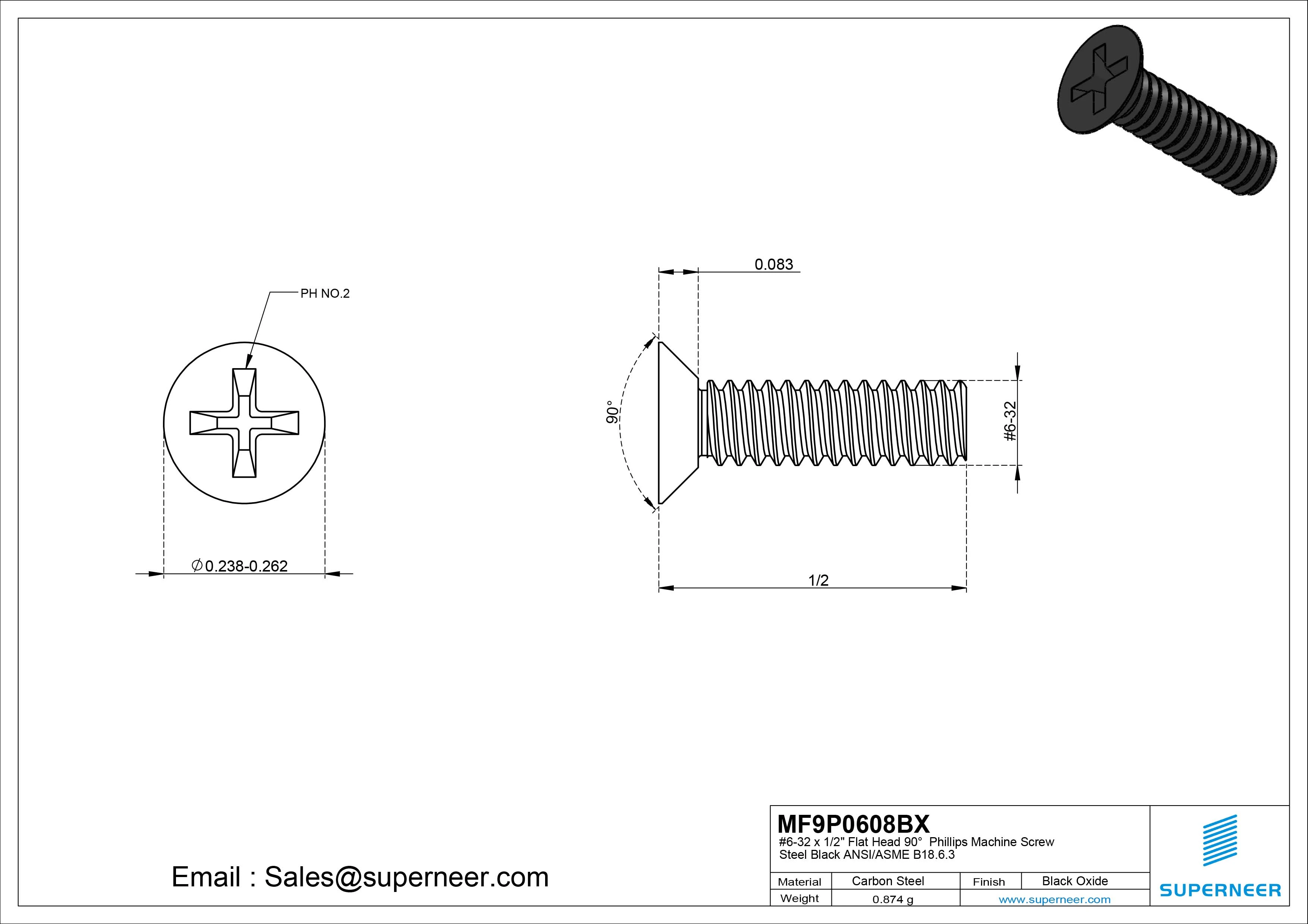 #6-32 x 1/2" Flat Head 90&deg; Phillips Machine Screw Steel Black Oxide ANSI/ASME B18.6.3 