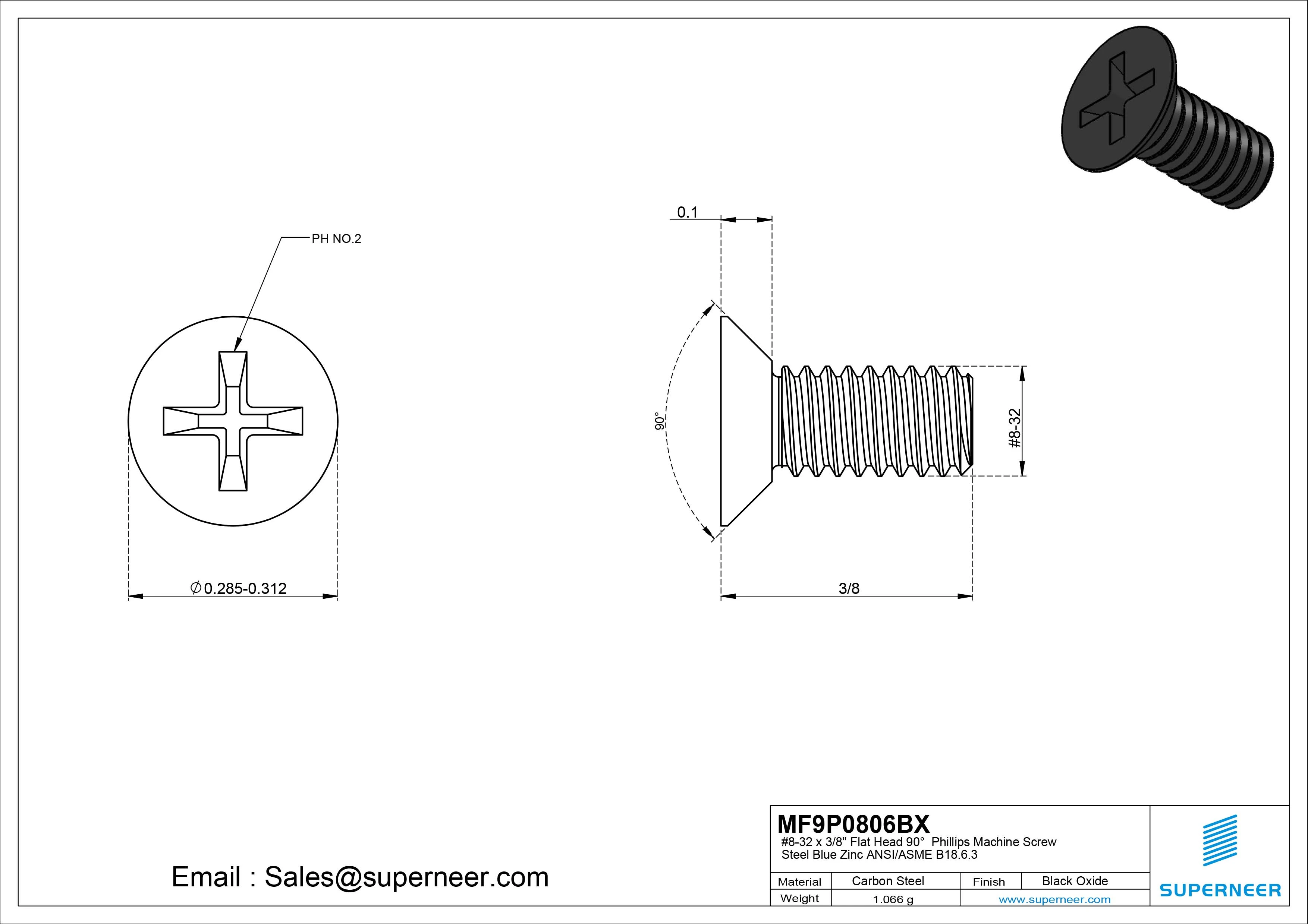 #8-32 x 3/8" Flat Head 90&deg; Phillips Machine Screw Steel Black Oxide ANSI/ASME B18.6.3 