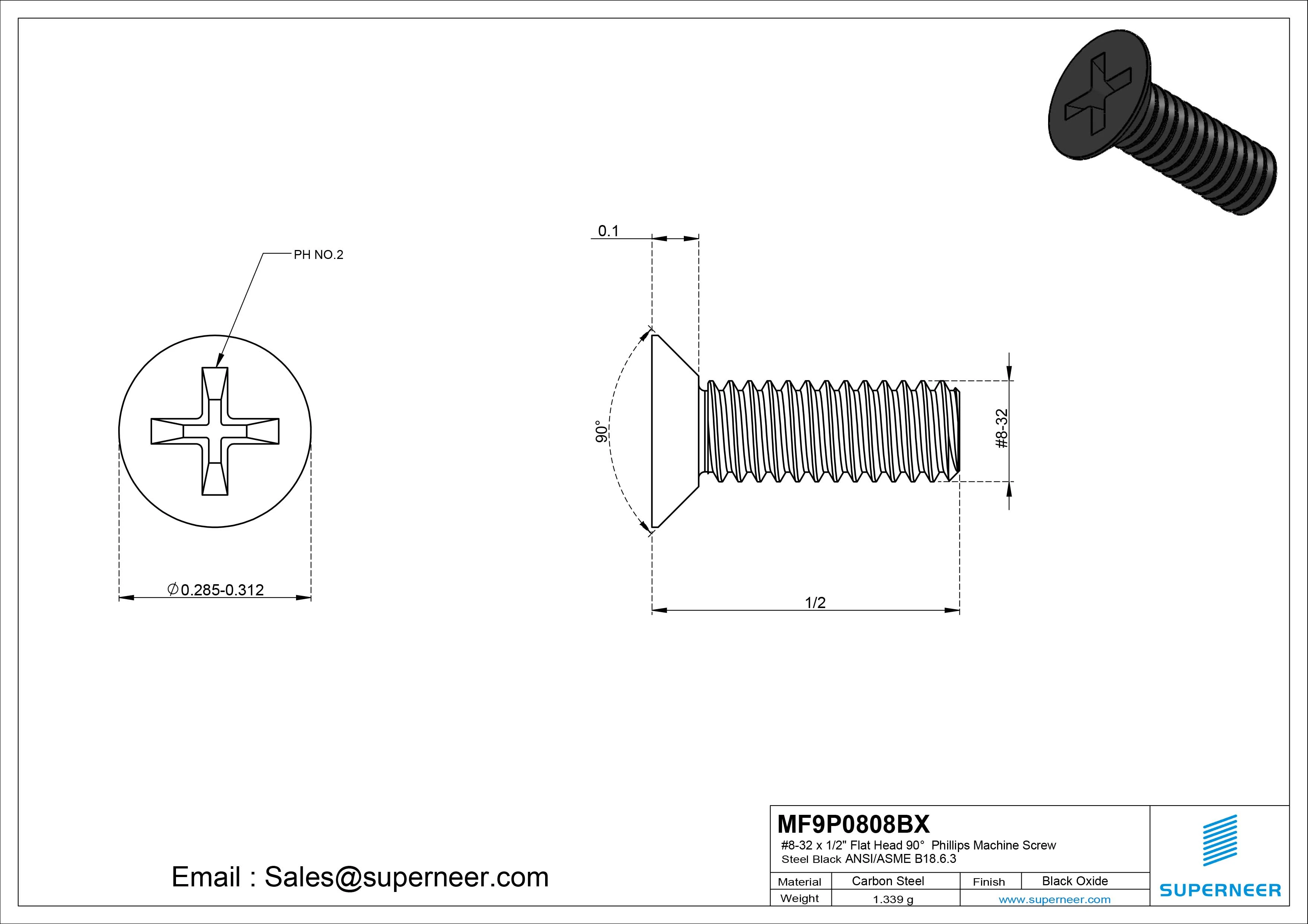 #8-32 x 1/2" Flat Head 90&deg; Phillips Machine Screw Steel Black Oxide ANSI/ASME B18.6.3 