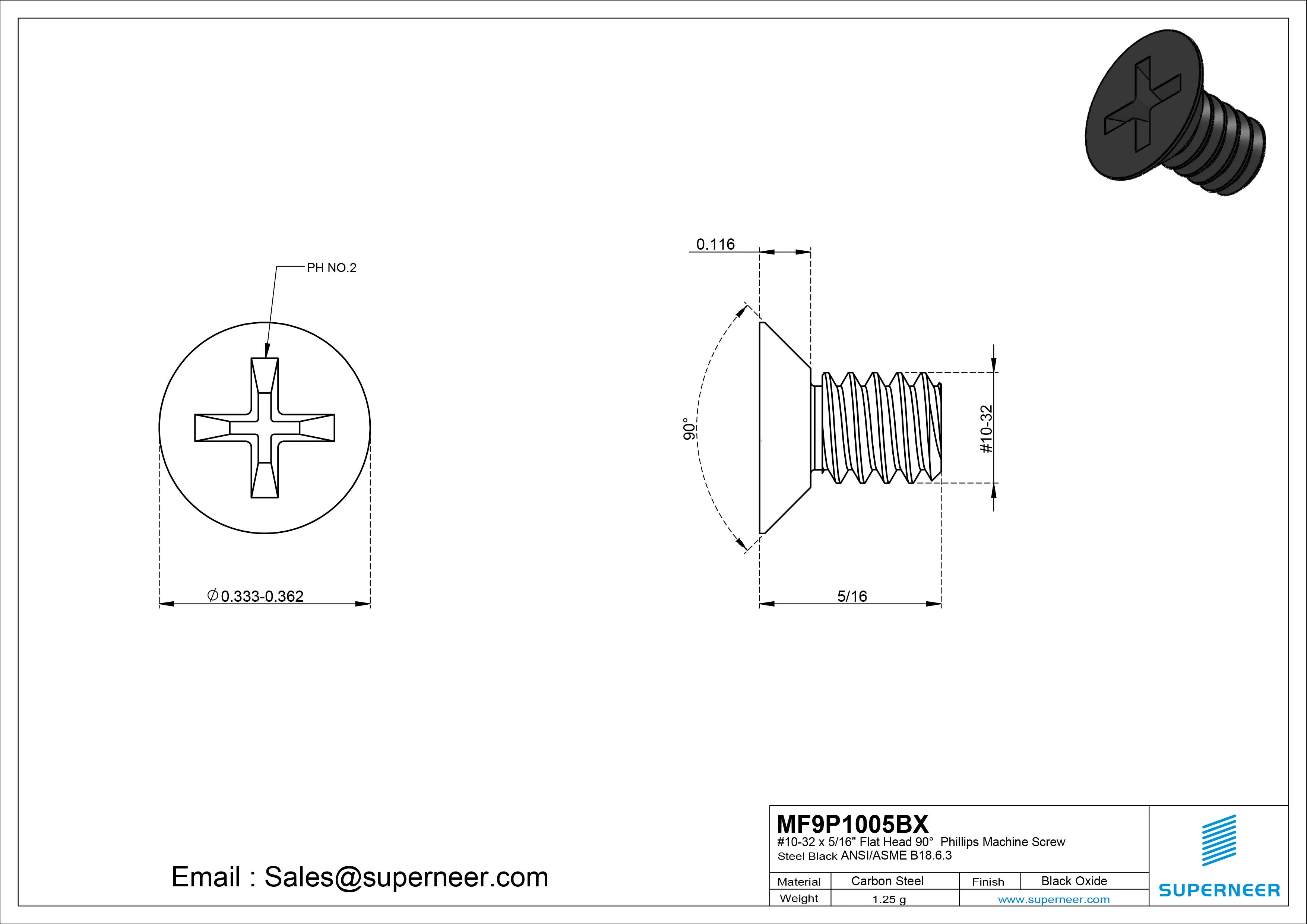 #10-32 x 5/16" Flat Head 90&deg; Phillips Machine Screw Steel Black Oxide ANSI/ASME B18.6.3 