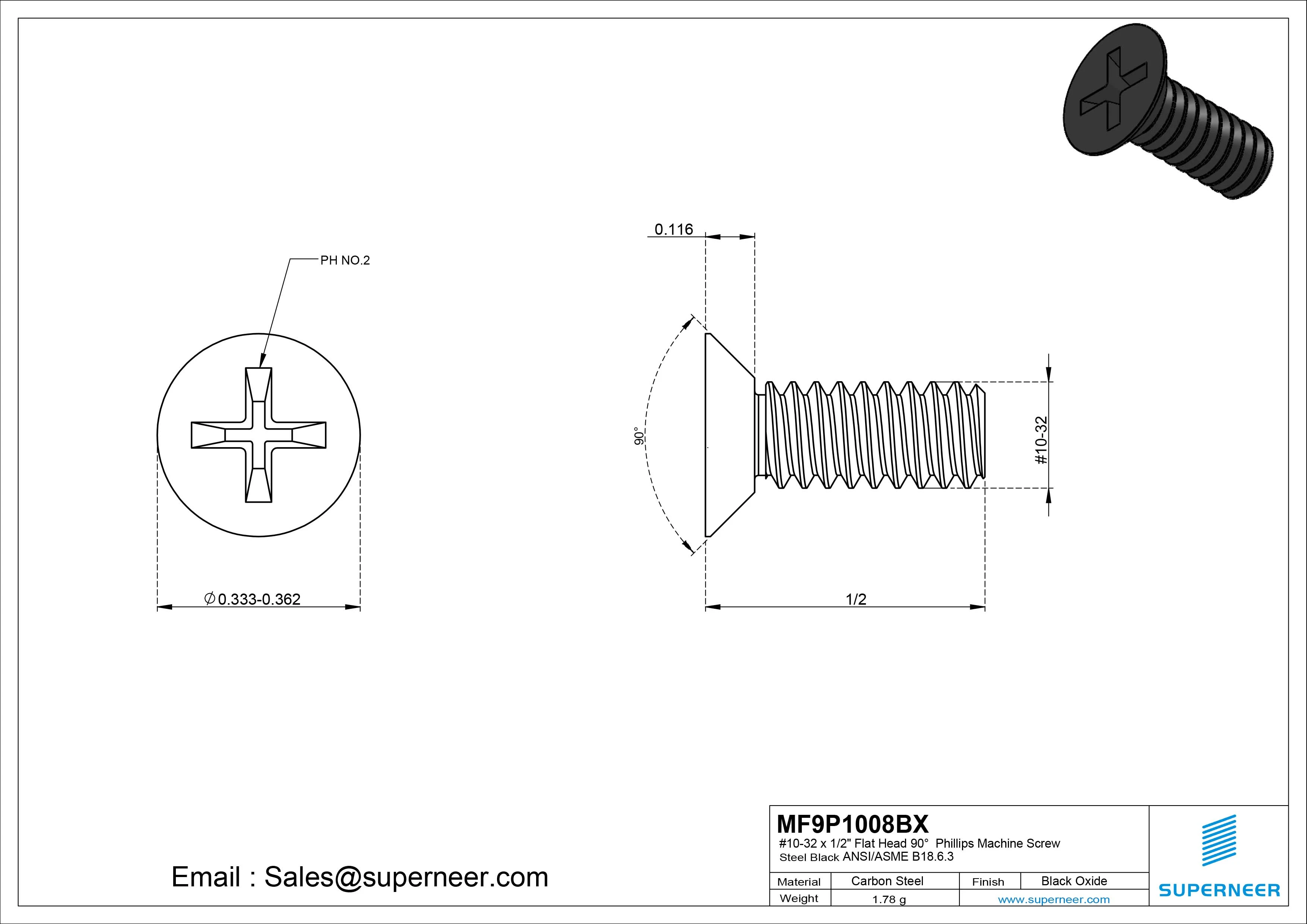 #10-32 x 1/2" Flat Head 90&deg; Phillips Machine Screw Steel Black Oxide ANSI/ASME B18.6.3 