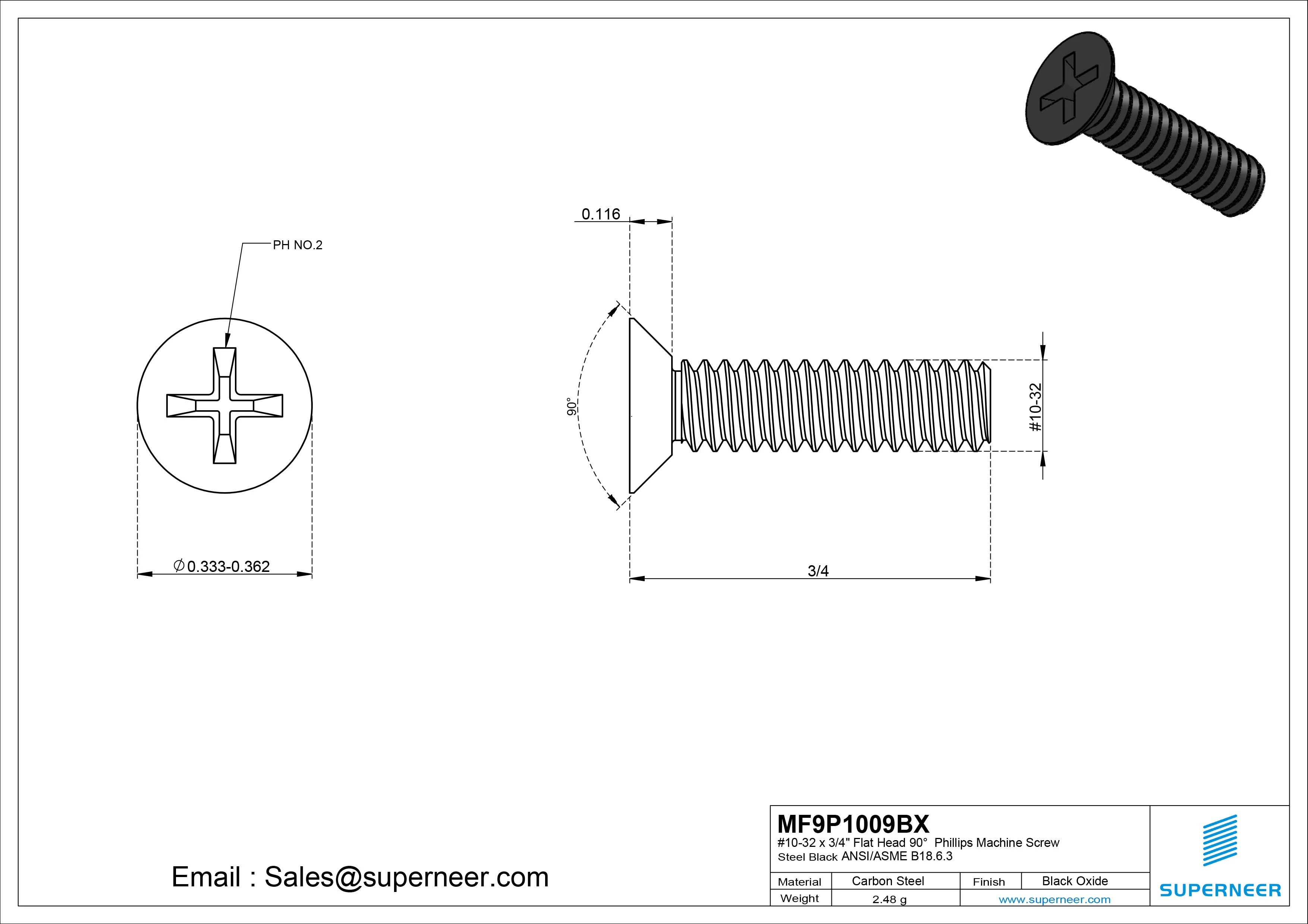 #10-32 x 3/4" Flat Head 90&deg; Phillips Machine Screw Steel Black Oxide ANSI/ASME B18.6.3 