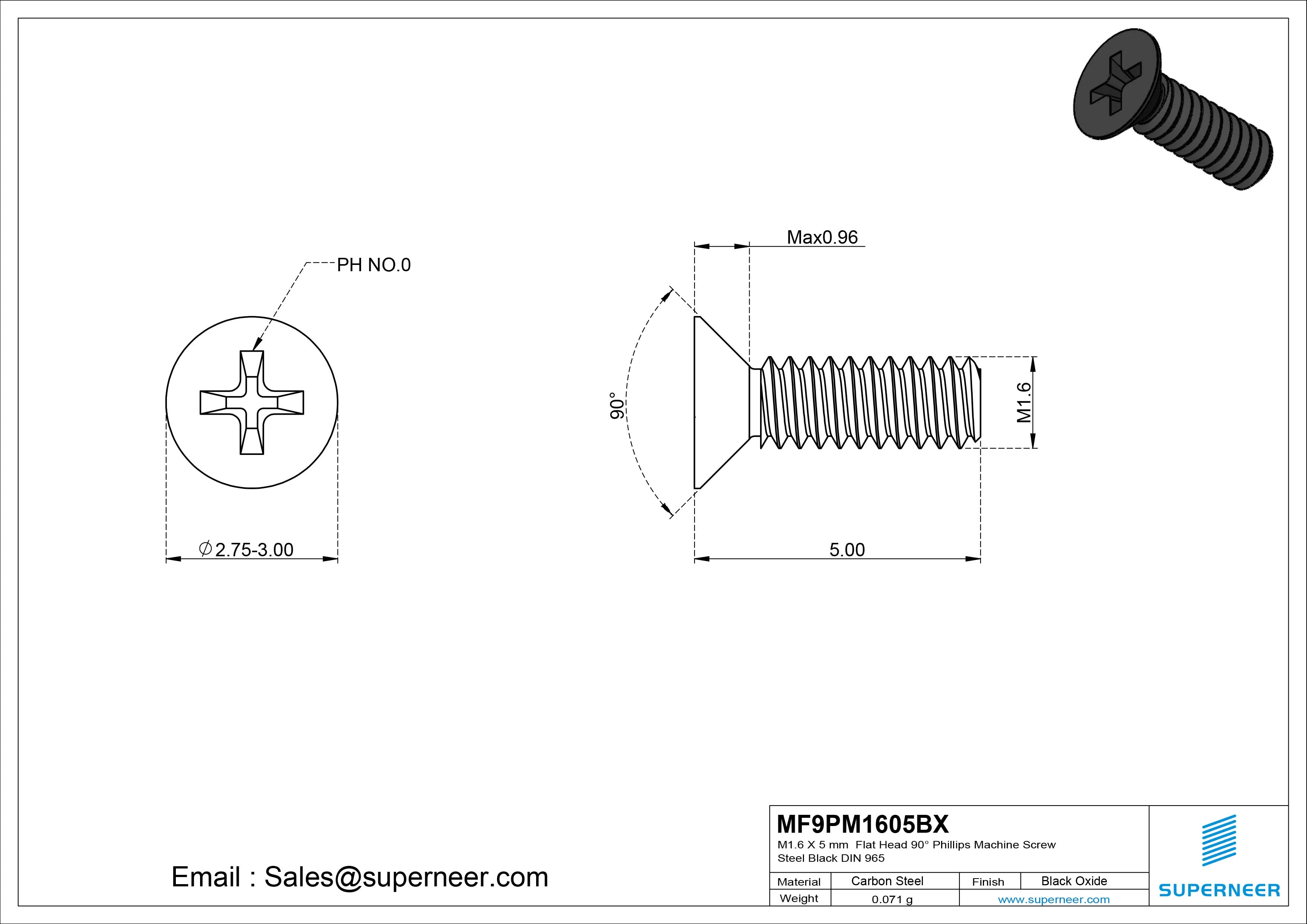 M1.6 x 5 mm Flat Head 90&deg; Phillips Machine Screw Steel Black Oxide DIN 965