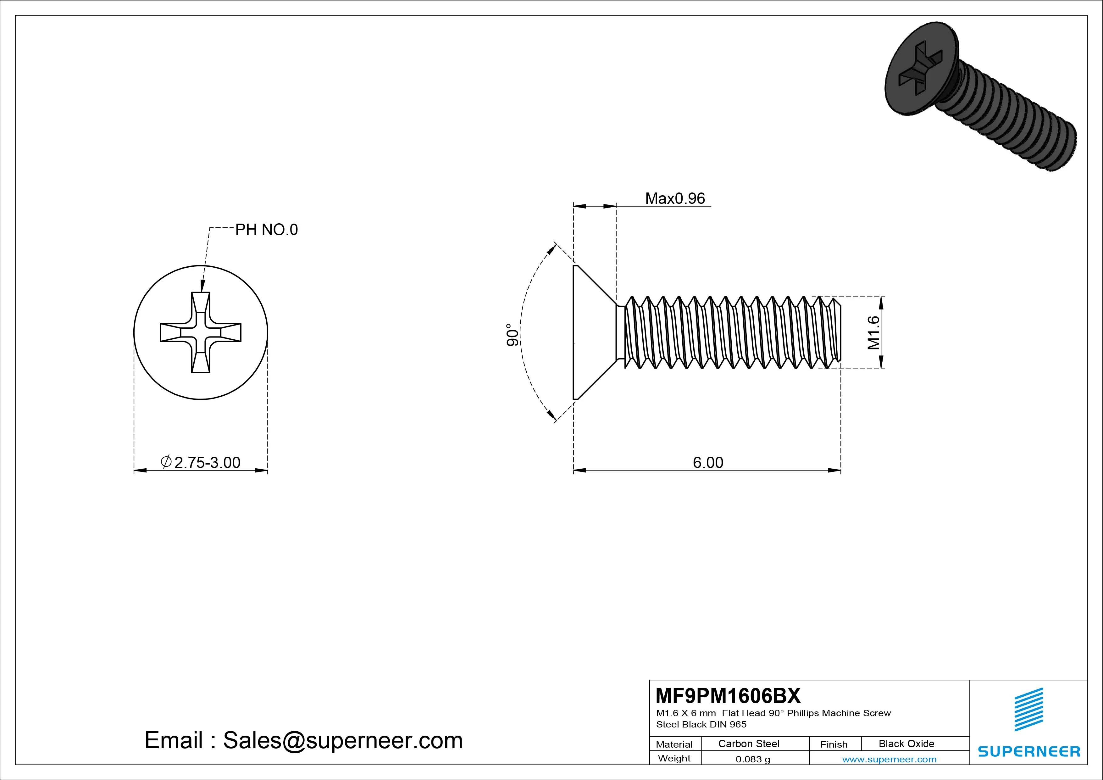M1.6 x 6 mm Flat Head 90&deg; Phillips Machine Screw Steel Black Oxide DIN 965