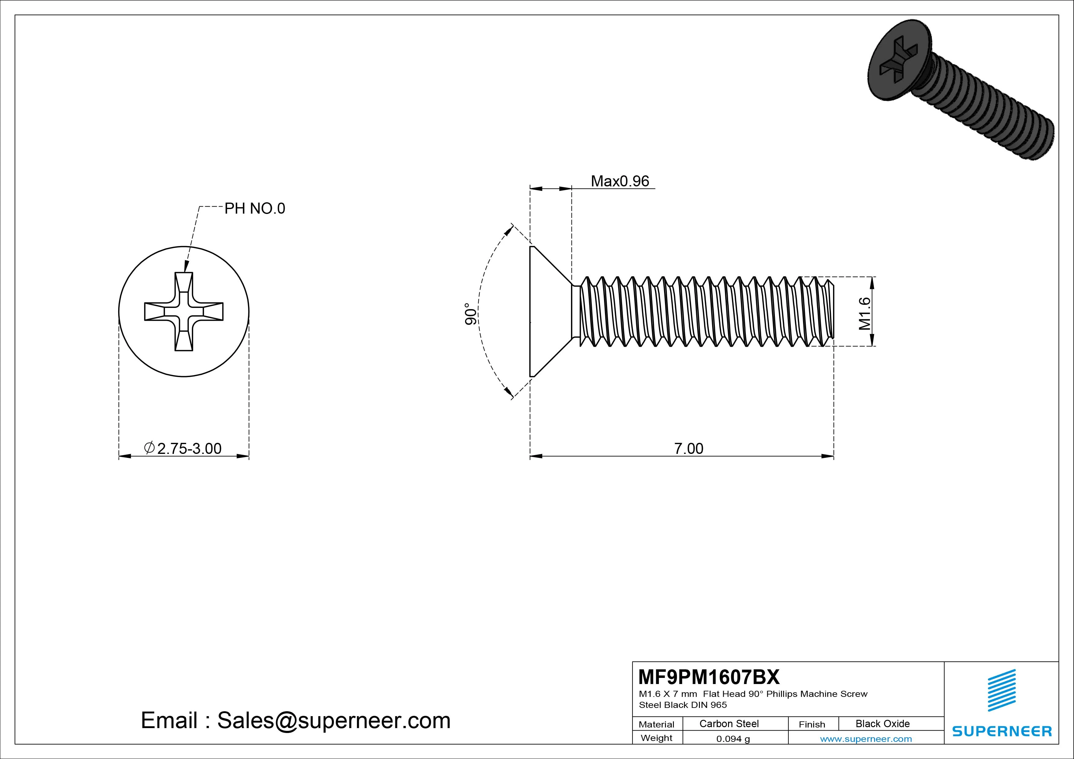 M1.6 x 7 mm Flat Head 90&deg; Phillips Machine Screw Steel Black Oxide DIN 965