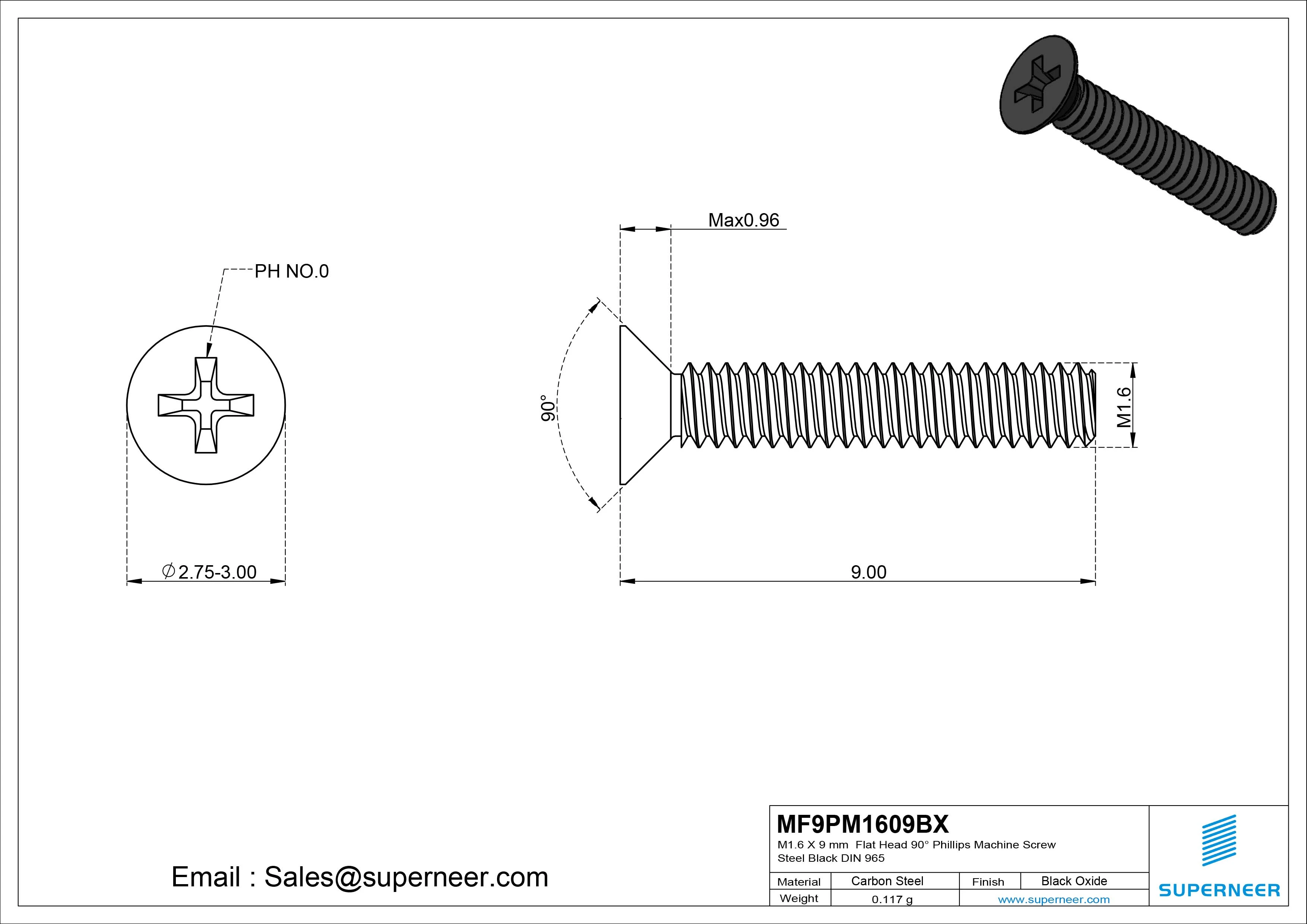 M1.6 x 9 mm Flat Head 90&deg; Phillips Machine Screw Steel Black Oxide DIN 965