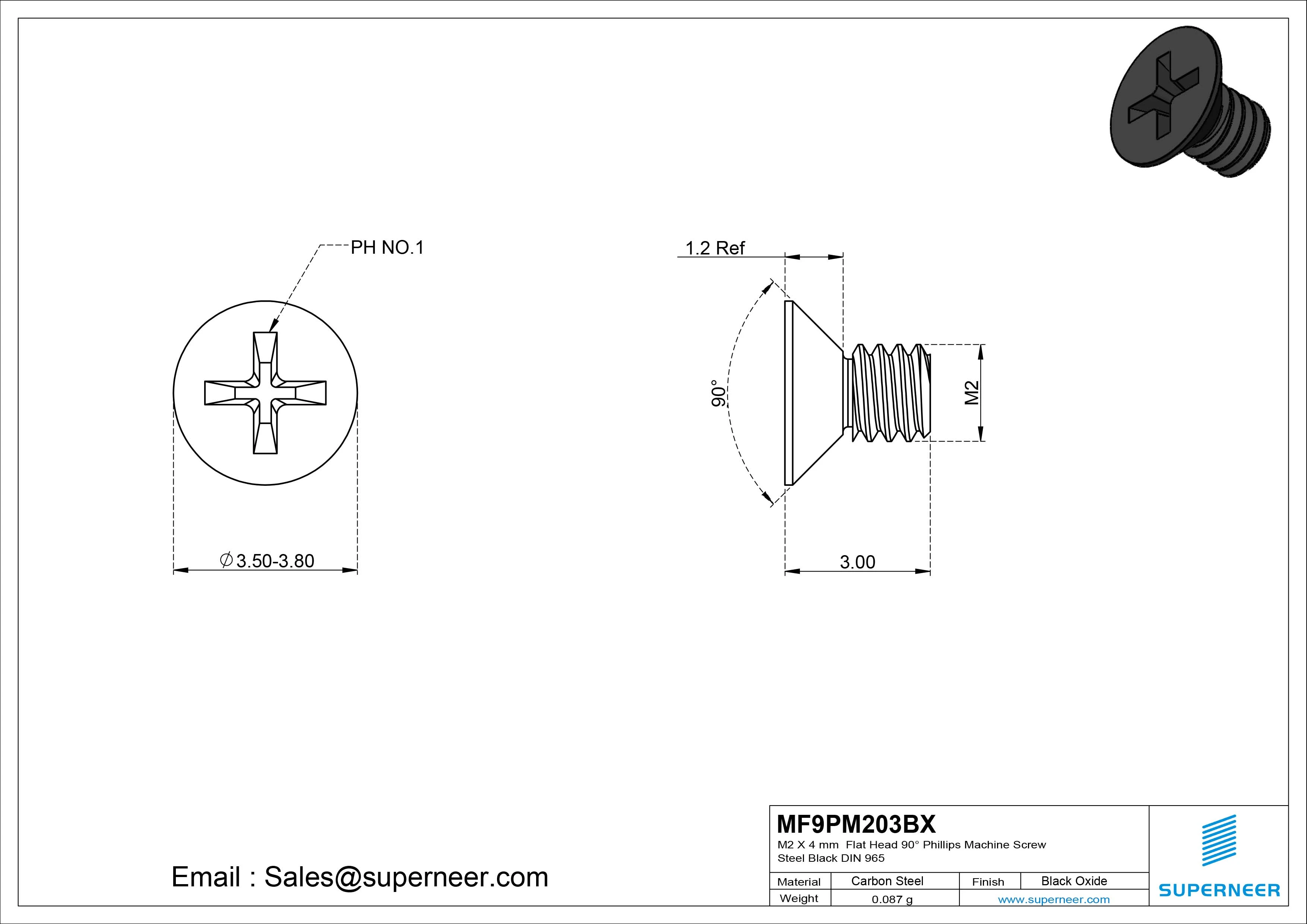 M2 x 3 mm Flat Head 90&deg; Phillips Machine Screw Steel Black Oxide DIN 965