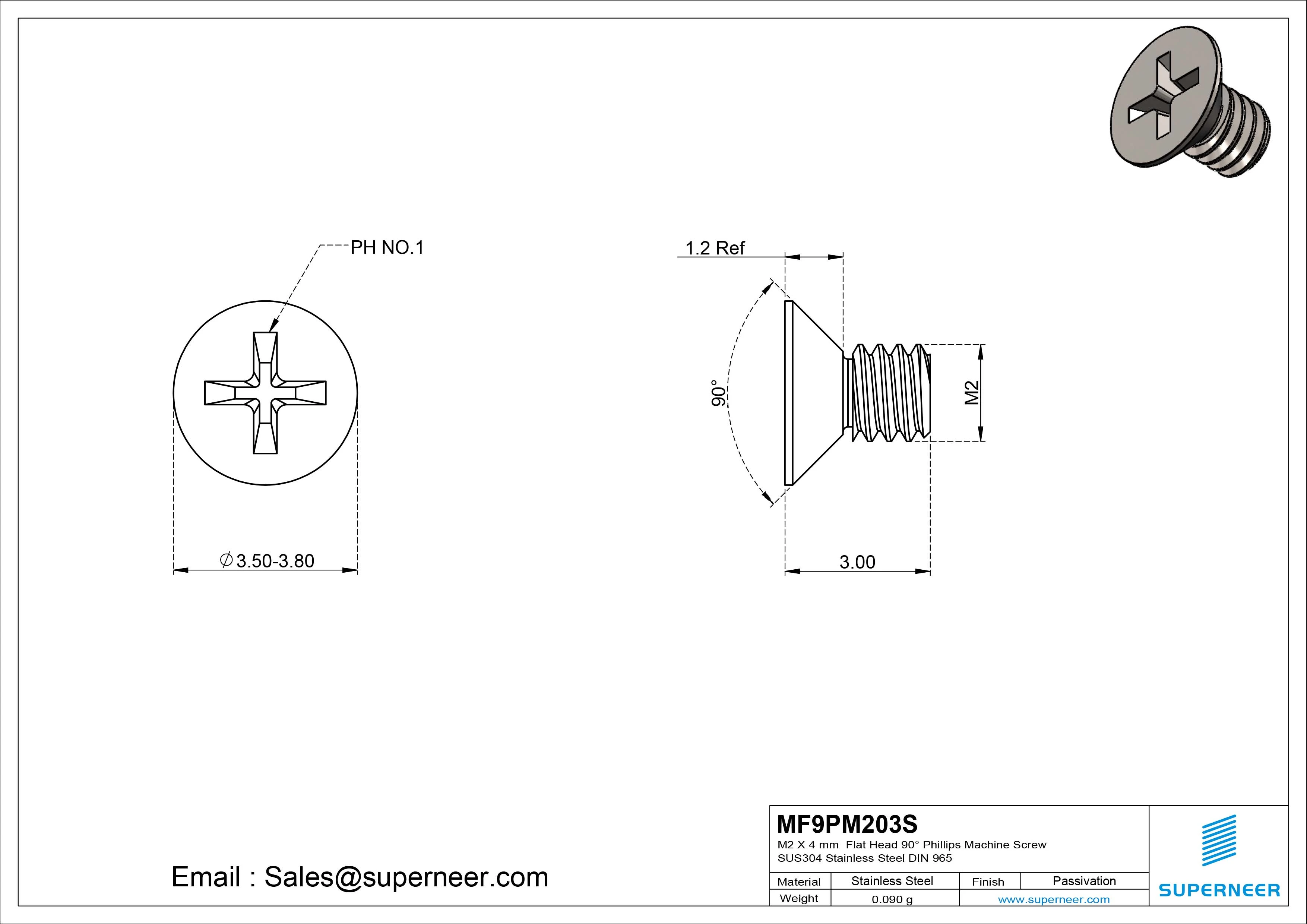 M2 x 3 mm  Flat Head 90&deg; Phillips Machine Screw SUS304 Stainless Steel Inox DIN 965