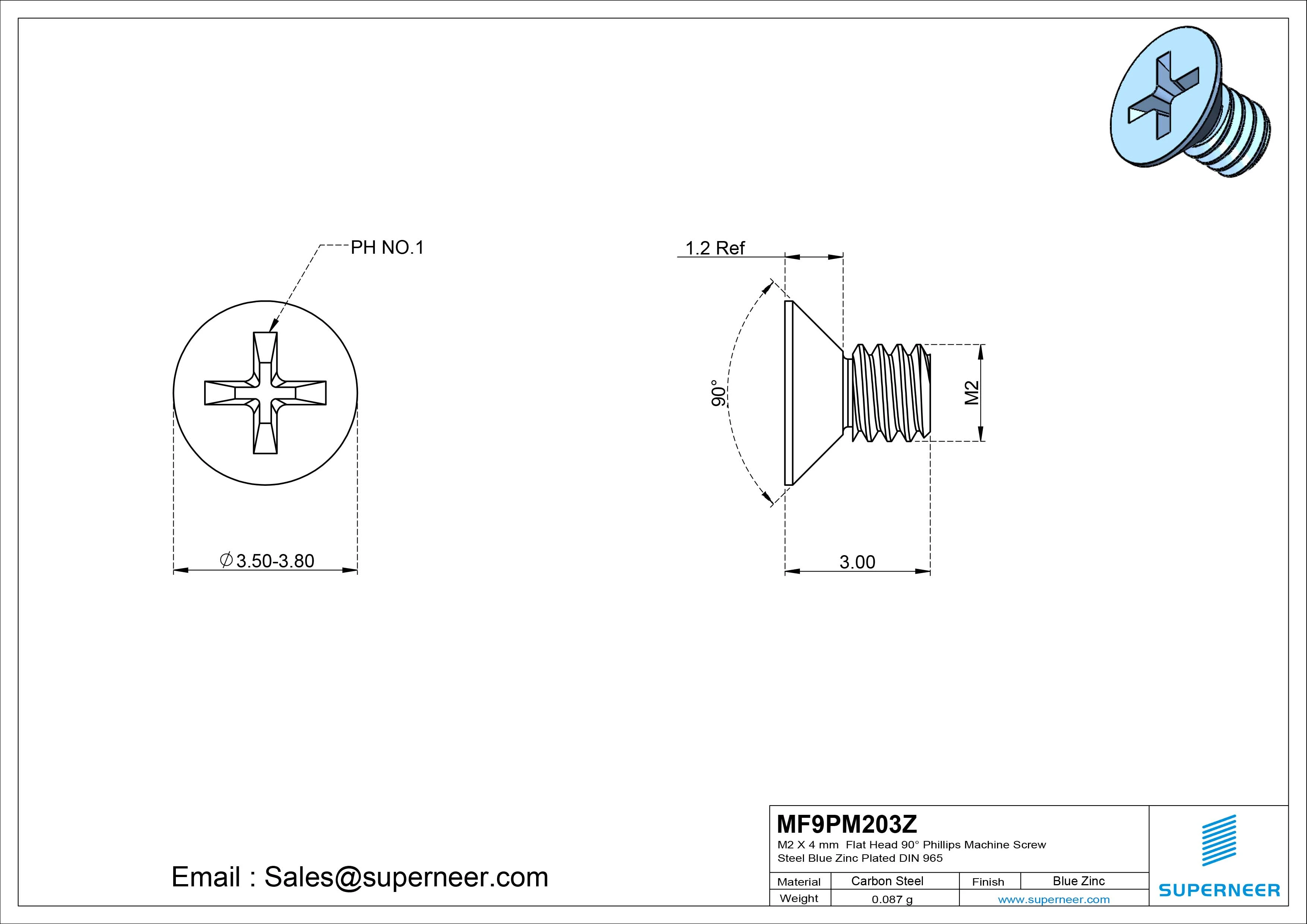 M2 x 3 mm Flat Head 90&deg; Phillips Machine Screw Steel Blue Zinc Plated DIN 965