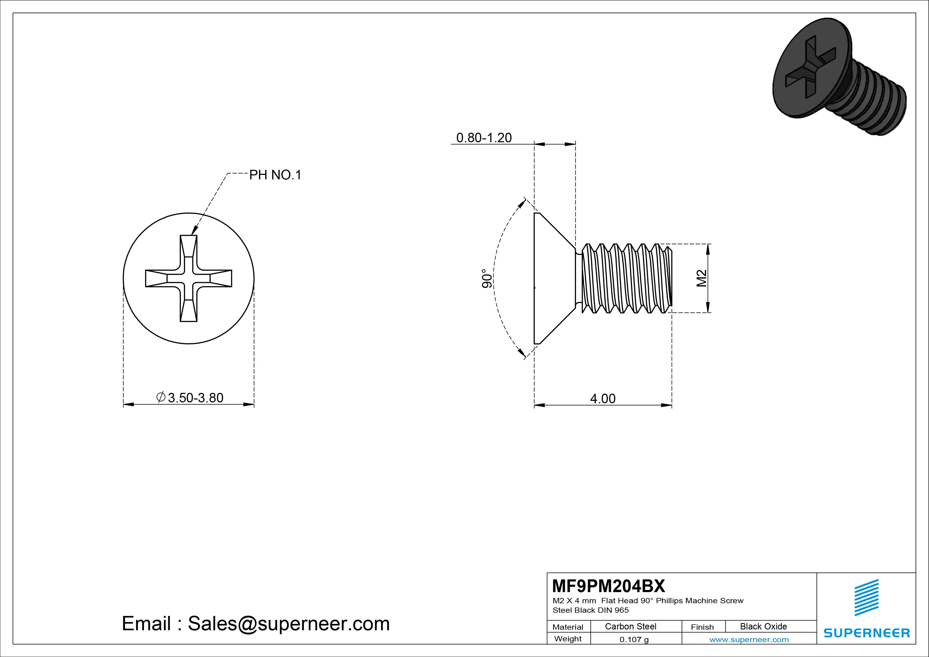 M2 x 4 mm Flat Head 90&deg; Phillips Machine Screw Steel Black Oxide DIN 965