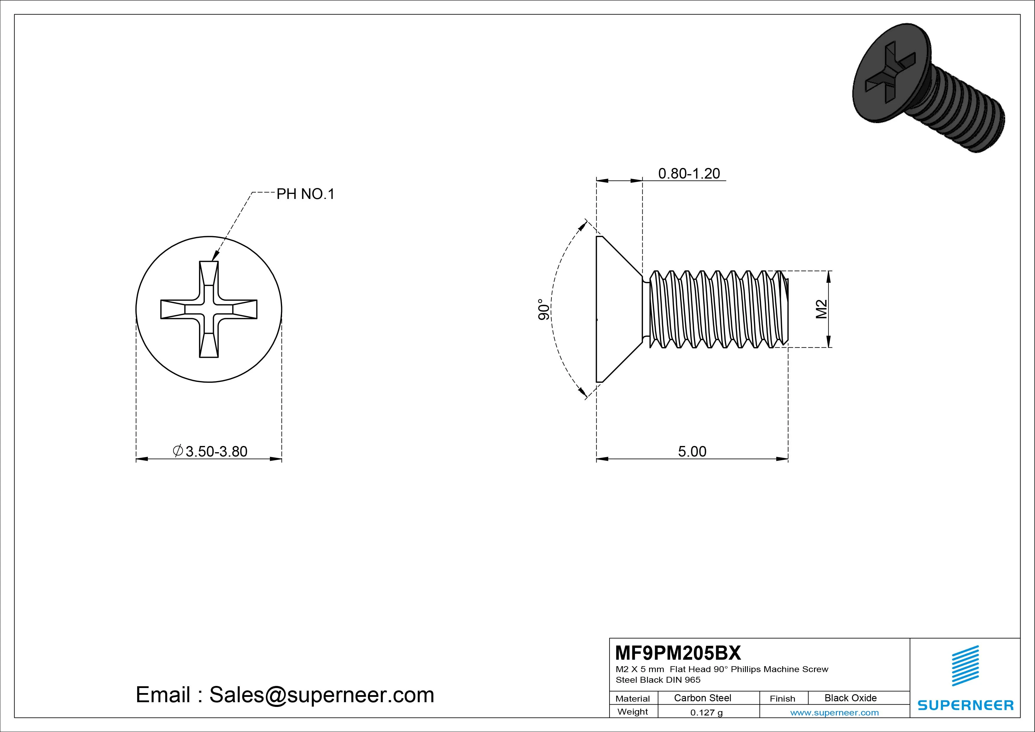 M2 x 5 mm Flat Head 90&deg; Phillips Machine Screw Steel Black Oxide DIN 965