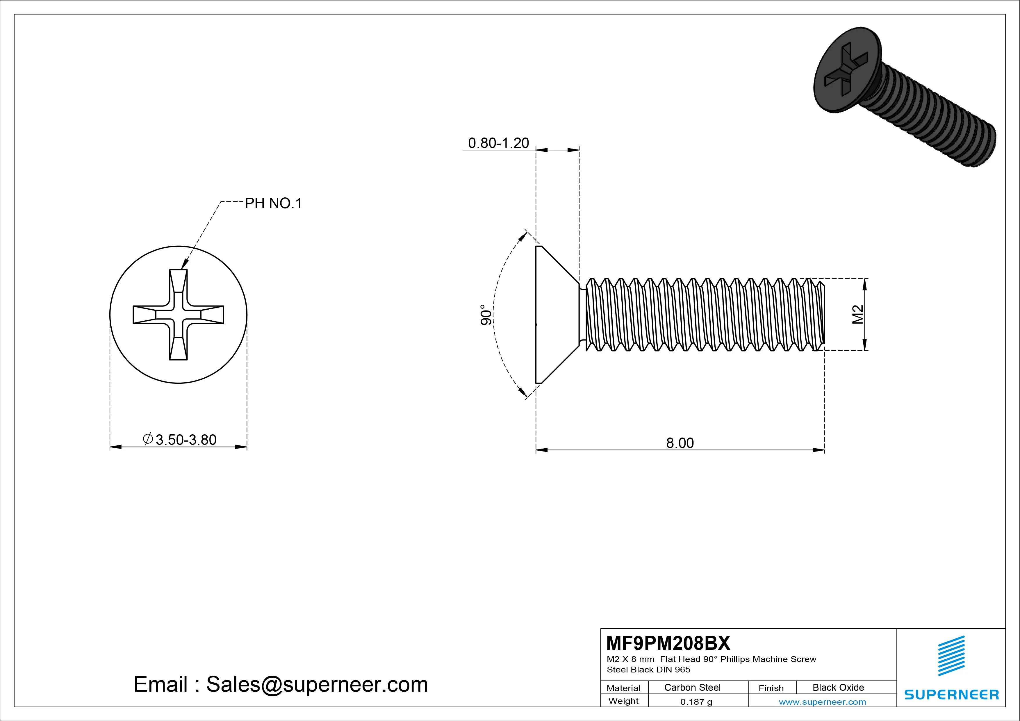 M2 x 8 mm Flat Head 90&deg; Phillips Machine Screw Steel Black Oxide DIN 965