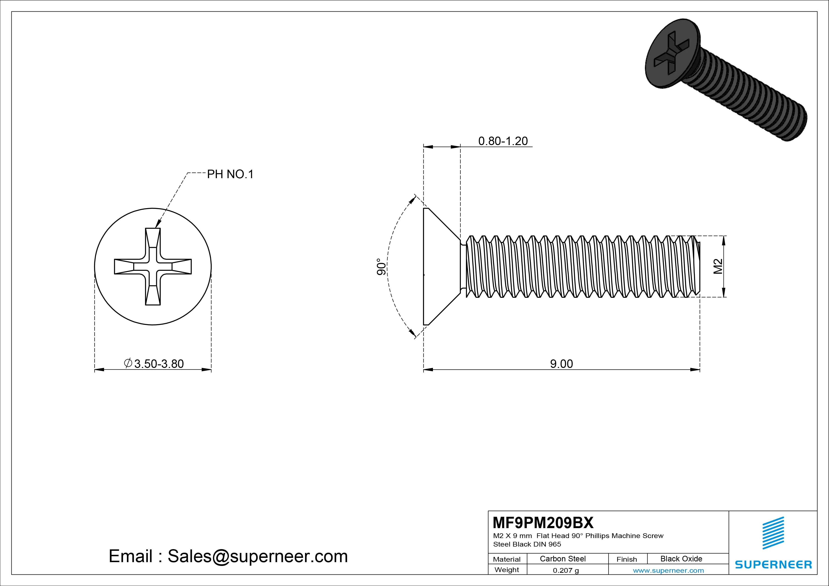 M2 x 9 mm Flat Head 90&deg; Phillips Machine Screw Steel Black Oxide DIN 965