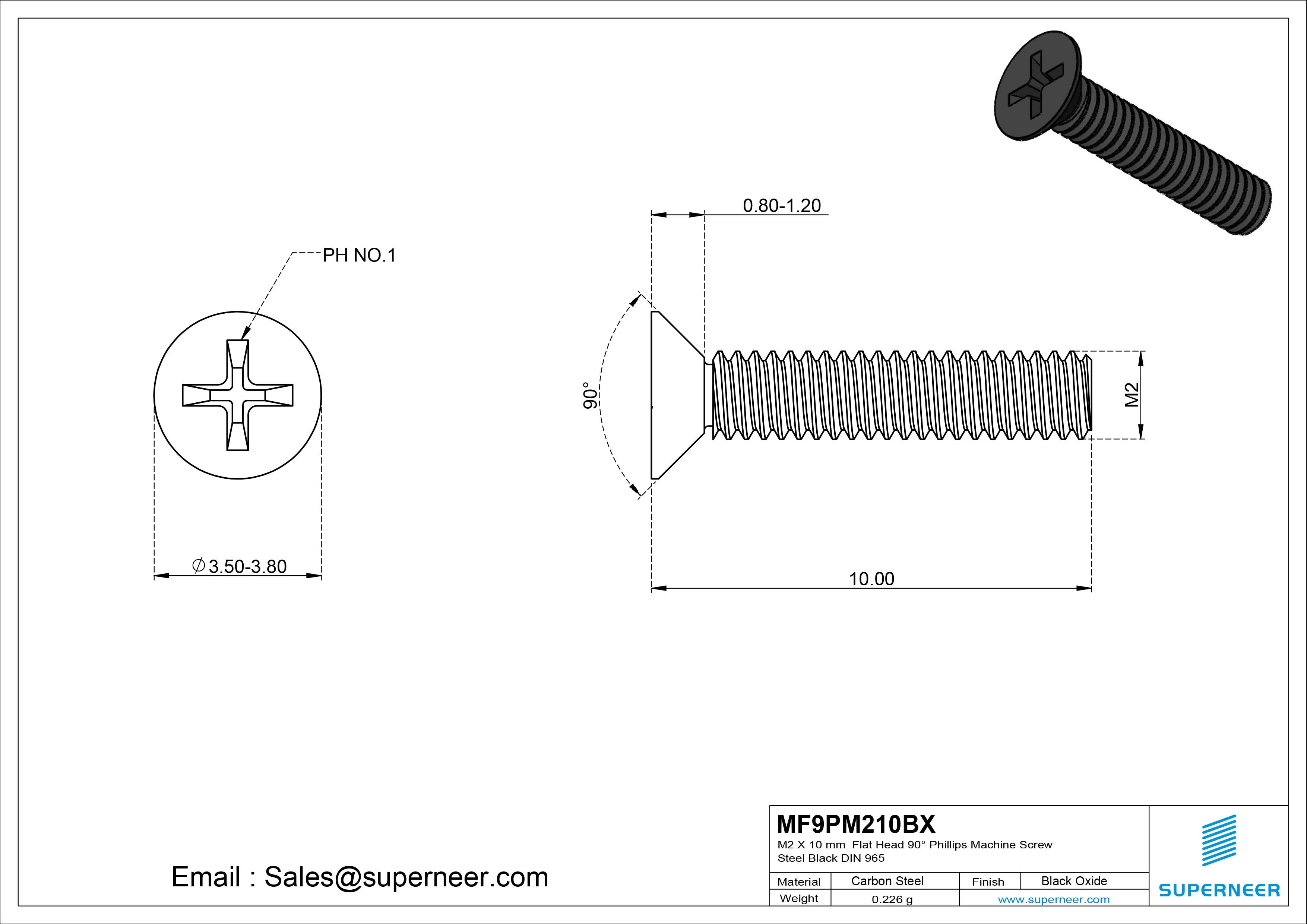 M2 x 10 mm Flat Head 90&deg; Phillips Machine Screw Steel Black Oxide DIN 965