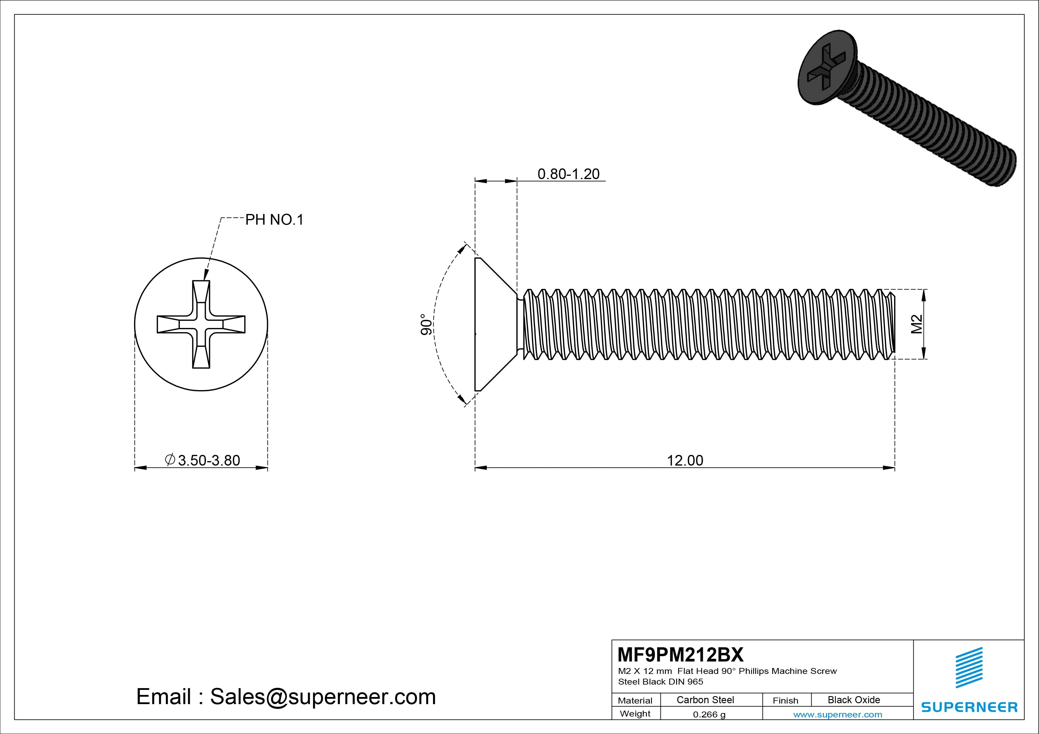 M2 x 12 mm Flat Head 90&deg; Phillips Machine Screw Steel Black Oxide DIN 965