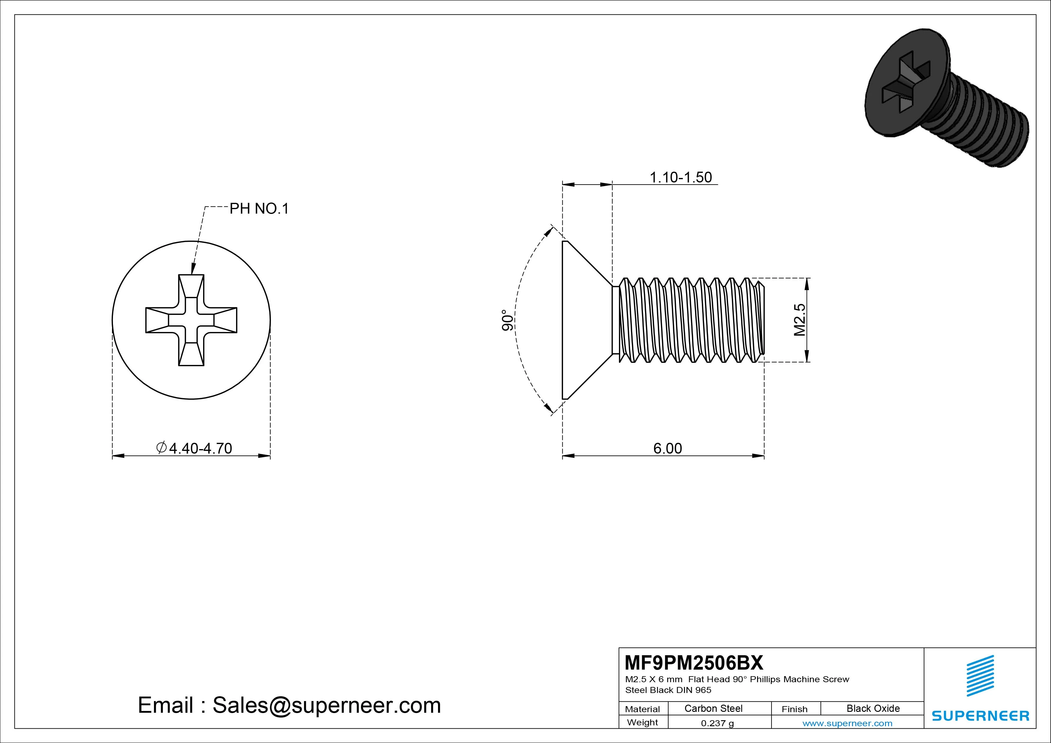 M2.5 x 6 mm Flat Head 90&deg; Phillips Machine Screw Steel Black Oxide DIN 965