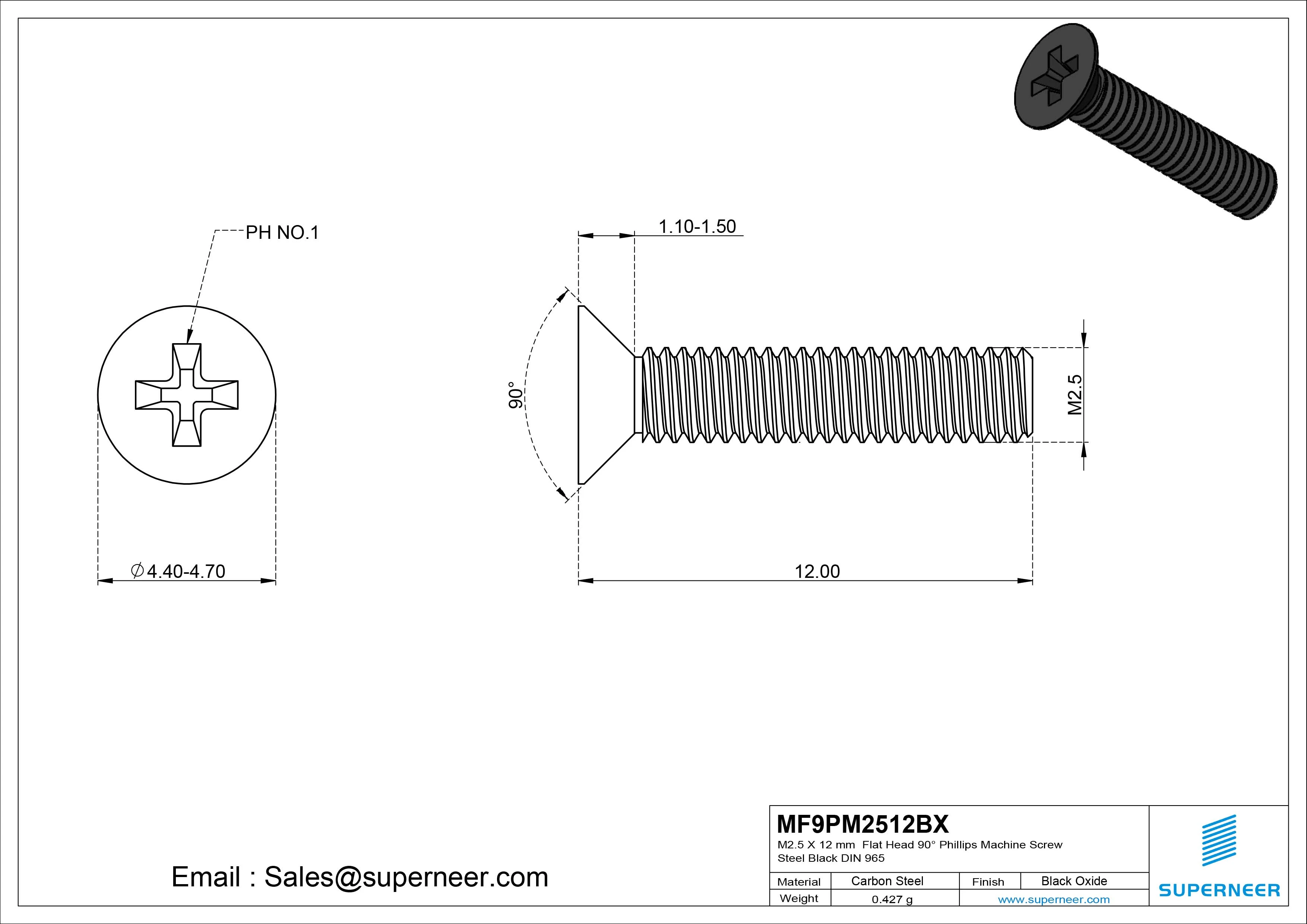 M2.5 x 12 mm Flat Head 90&deg; Phillips Machine Screw Steel Black Oxide DIN 965