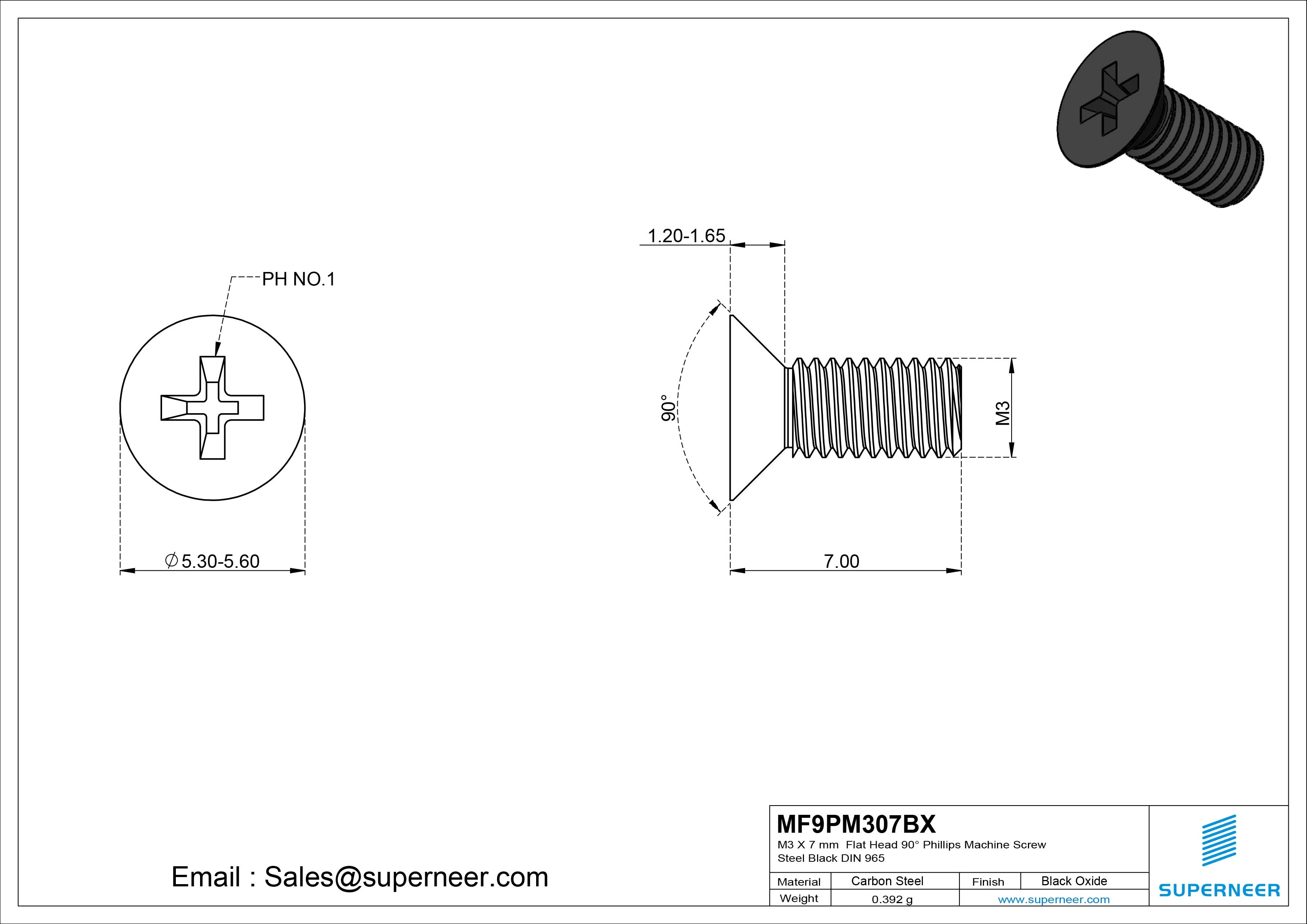 M3 x 7 mm Flat Head 90&deg; Phillips Machine Screw Steel Black Oxide DIN 965