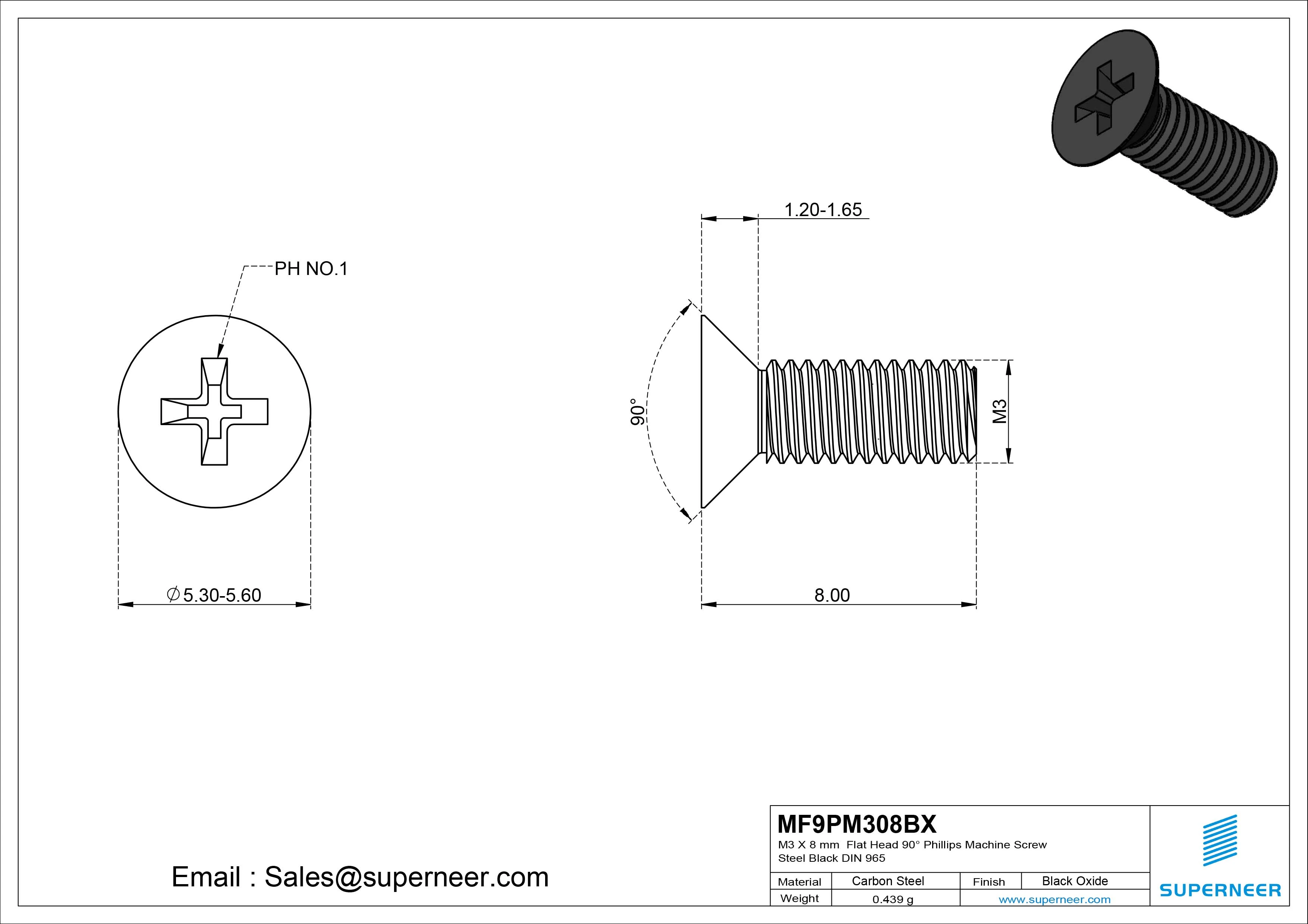 M3 x 8 mm Flat Head 90&deg; Phillips Machine Screw Steel Black Oxide DIN 965