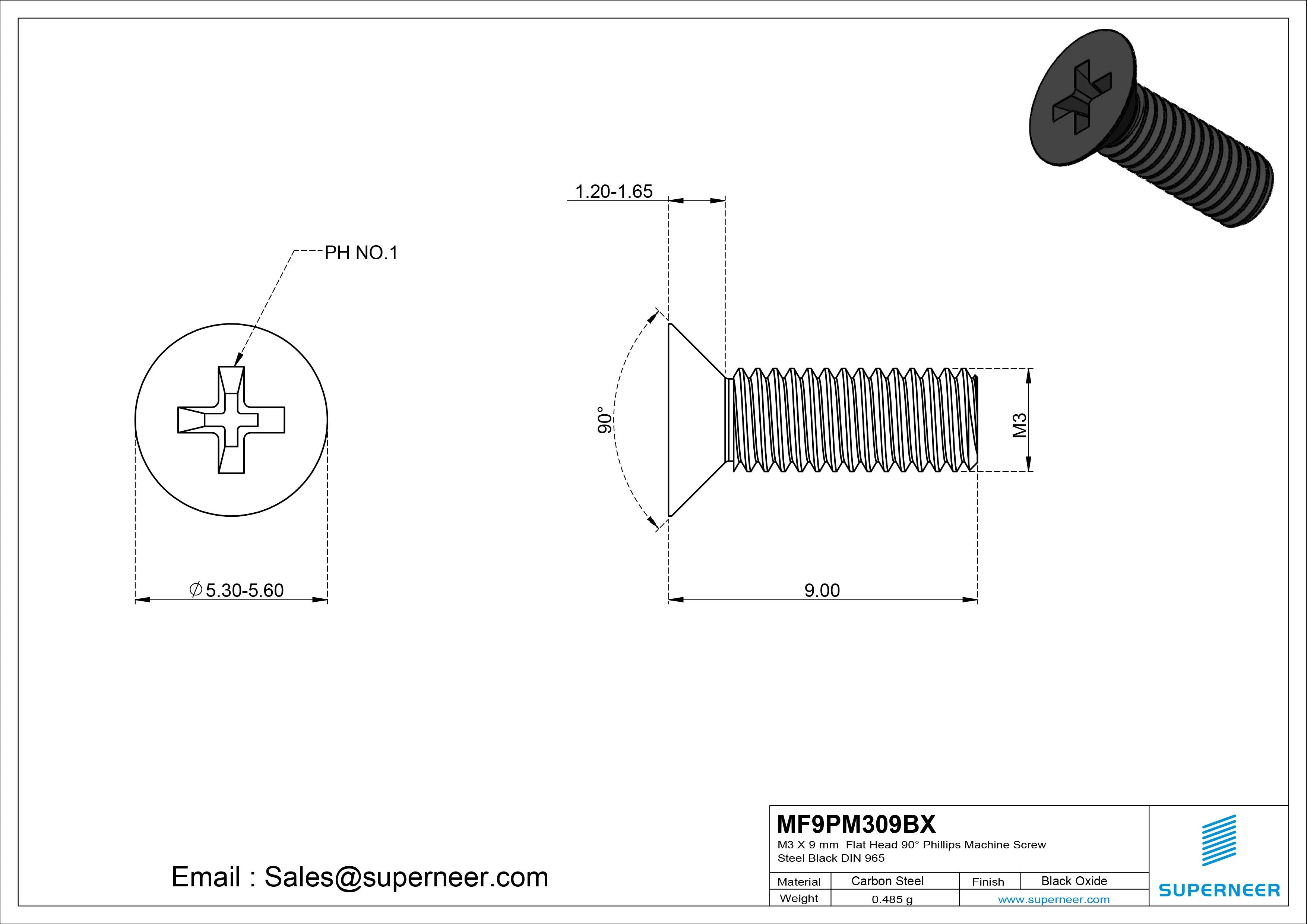 M3 x 9 mm Flat Head 90&deg; Phillips Machine Screw Steel Black Oxide DIN 965