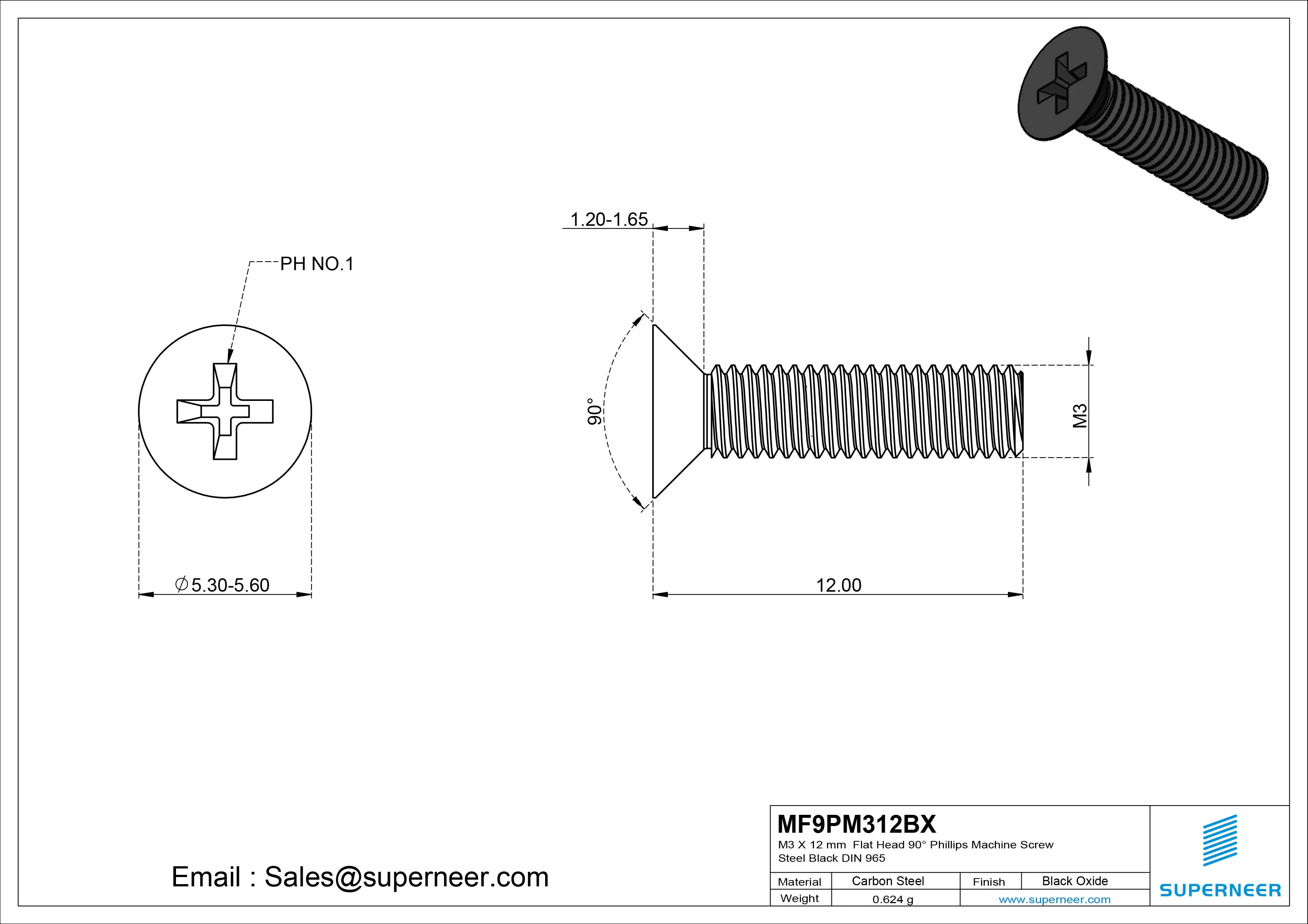 M3 x 12 mm Flat Head 90&deg; Phillips Machine Screw Steel Black Oxide DIN 965