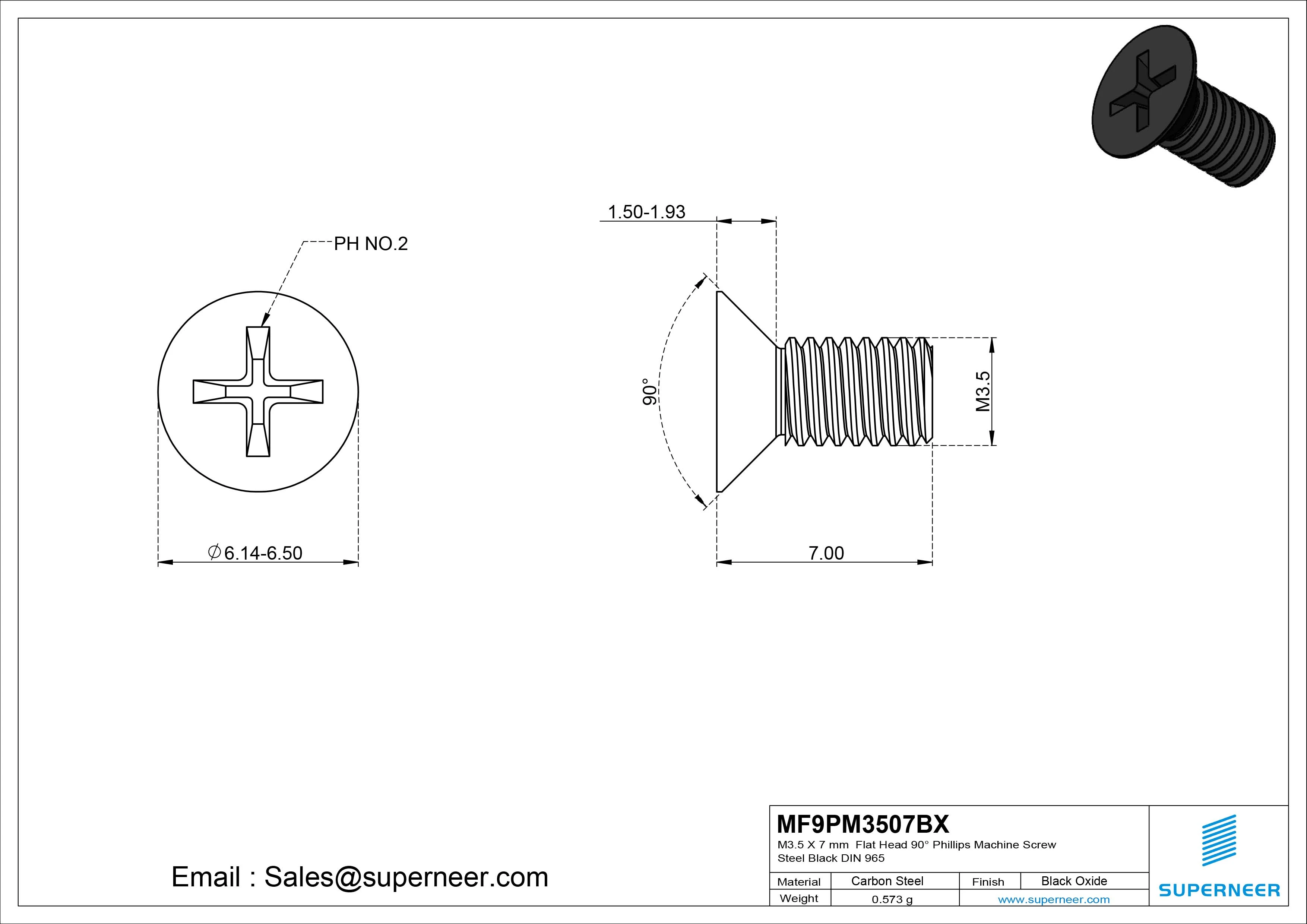 M3.5 x 7 mm Flat Head 90&deg; Phillips Machine Screw Steel Black Oxide DIN 965