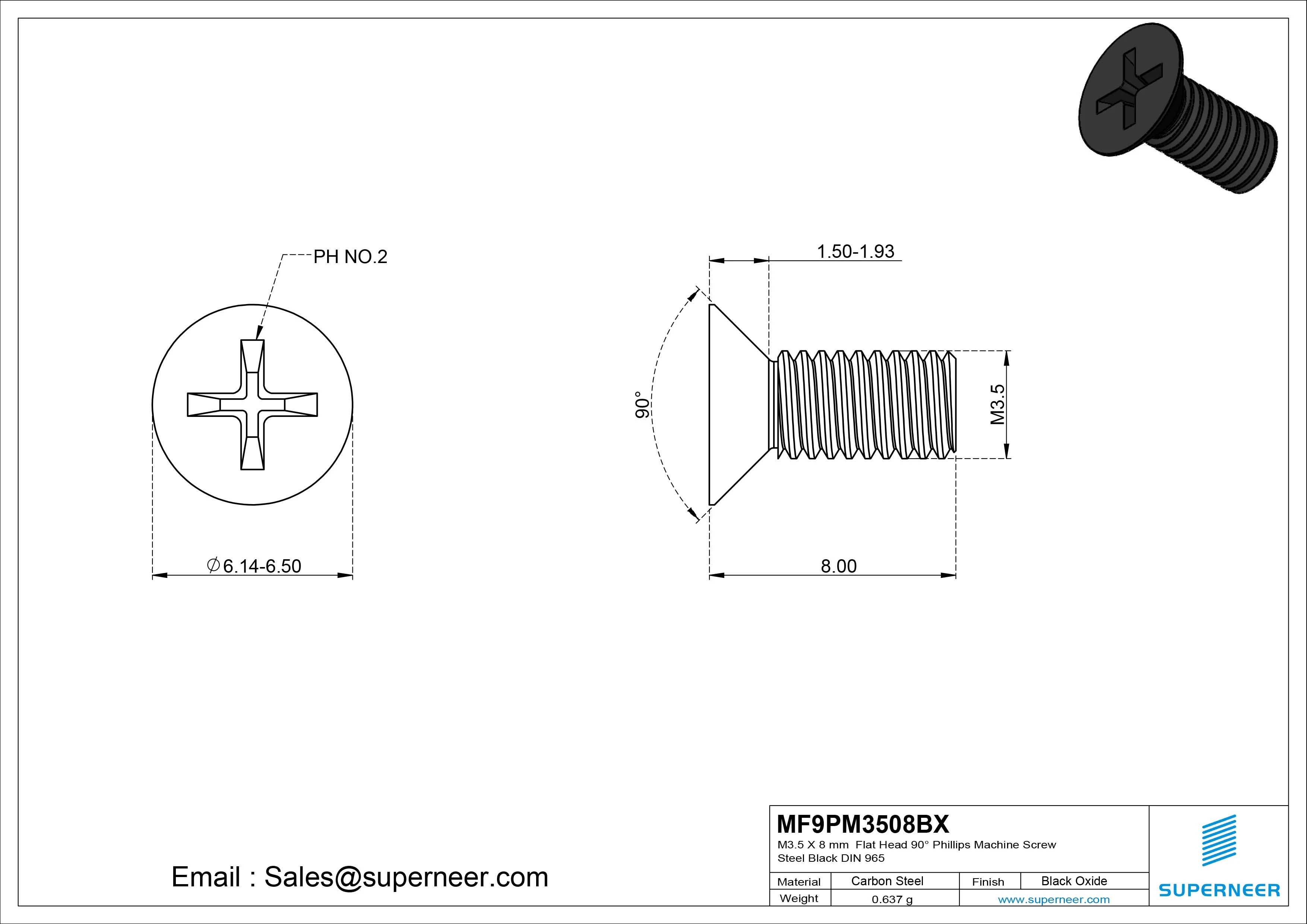 M3.5 x 8 mm Flat Head 90&deg; Phillips Machine Screw Steel Black Oxide DIN 965
