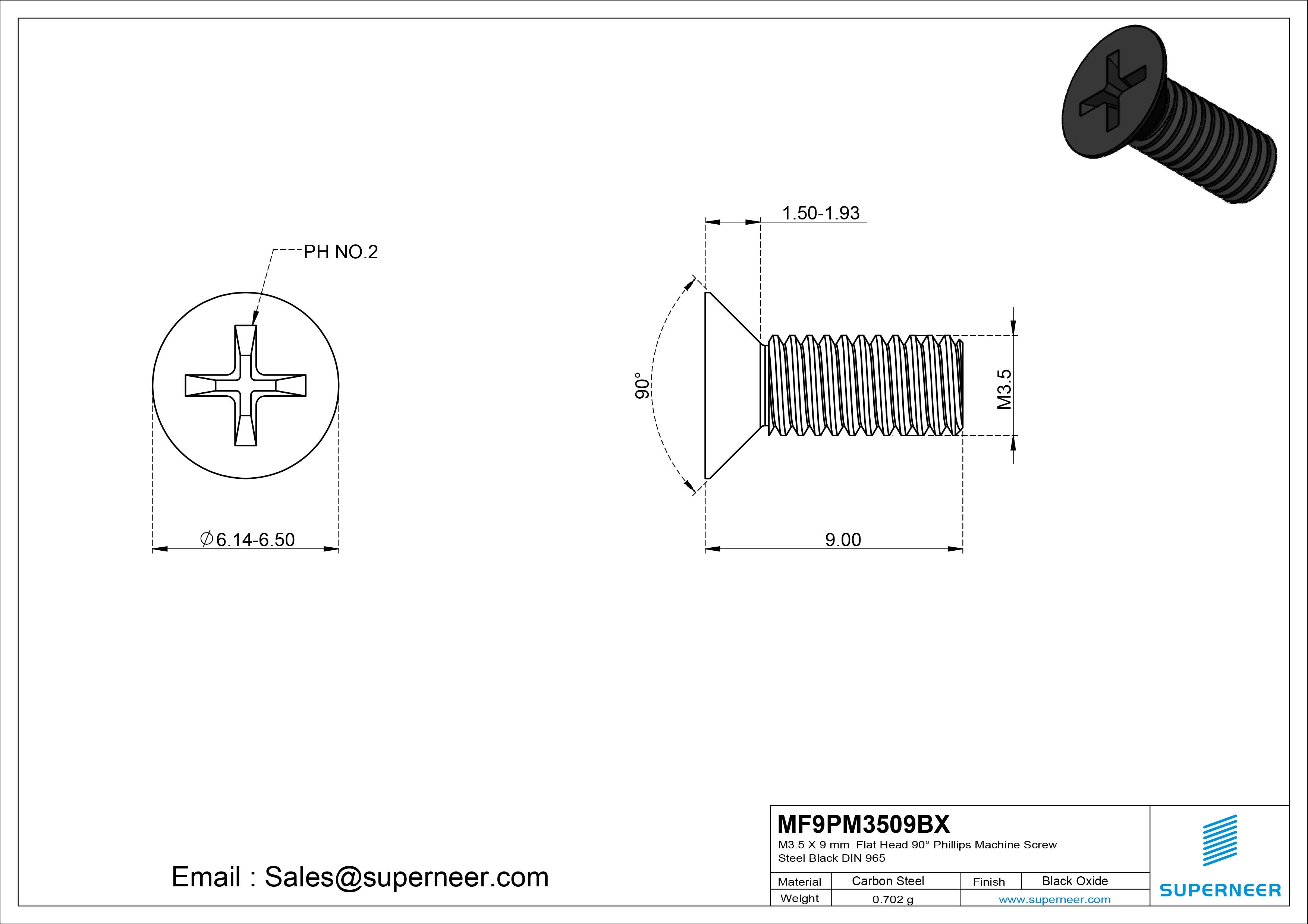 M3.5 x 9 mm Flat Head 90&deg; Phillips Machine Screw Steel Black Oxide DIN 965