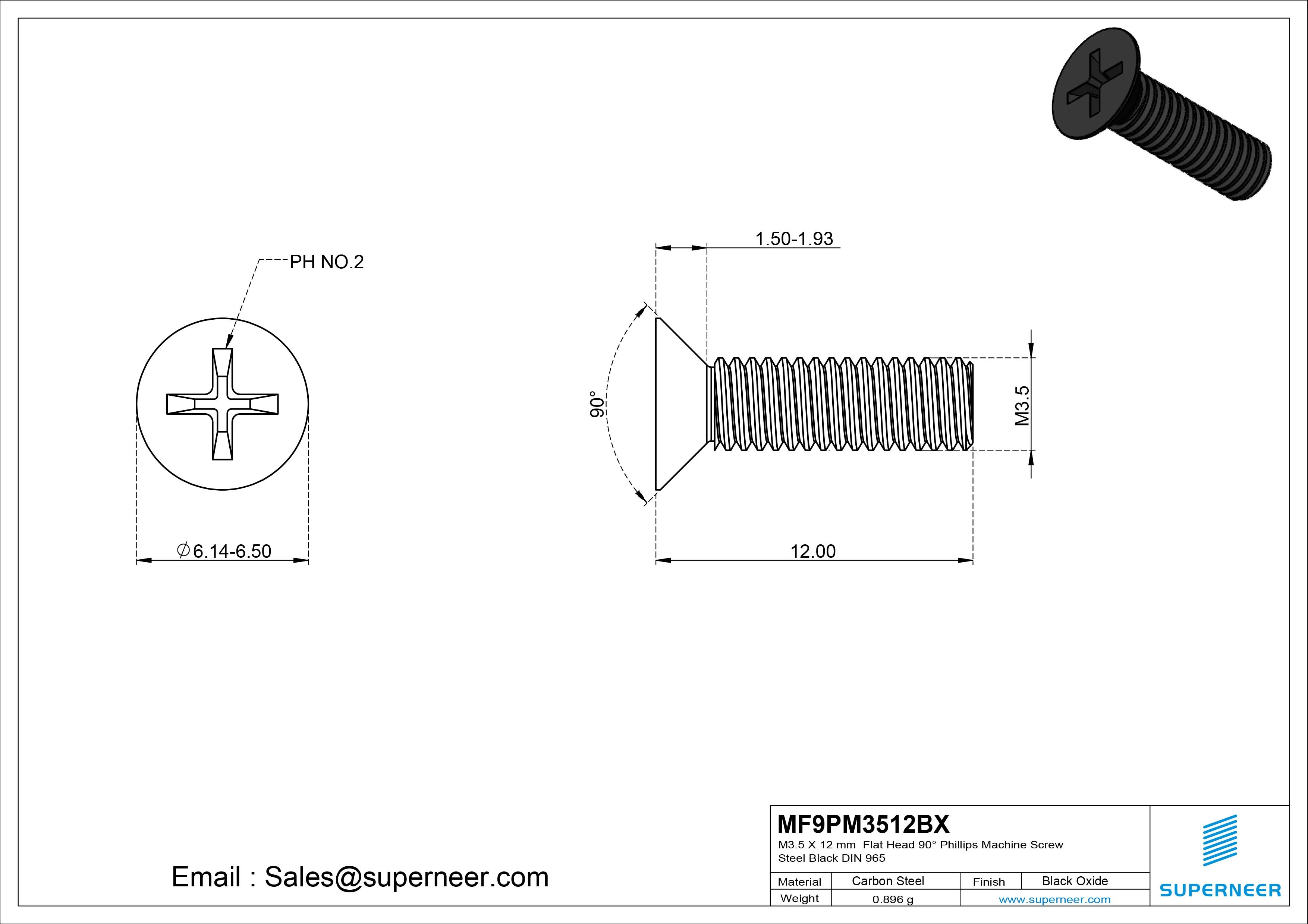M3.5 x 12 mm Flat Head 90&deg; Phillips Machine Screw Steel Black Oxide DIN 965