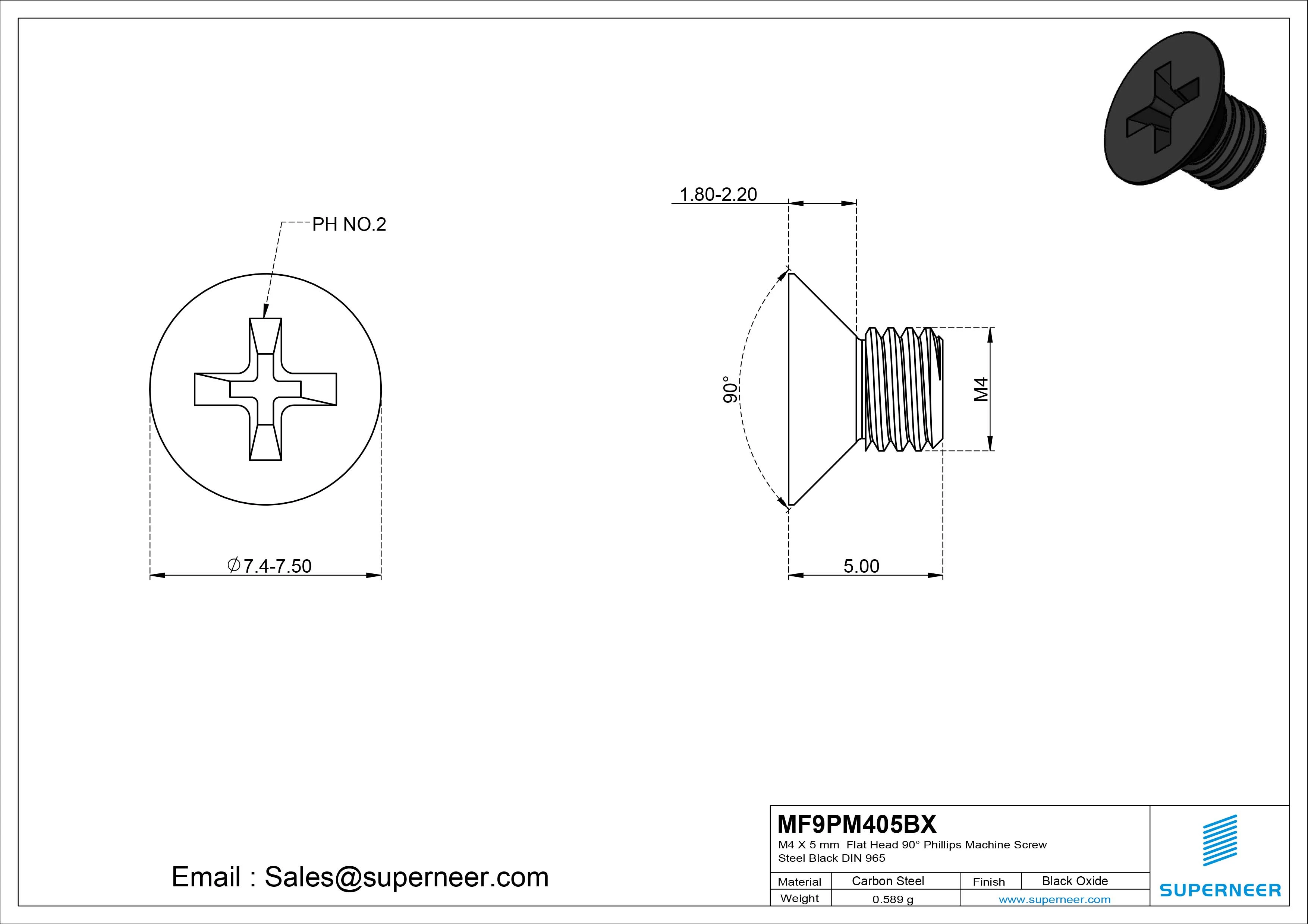 M4 x 5 mm Flat Head 90&deg; Phillips Machine Screw Steel Black Oxide DIN 965