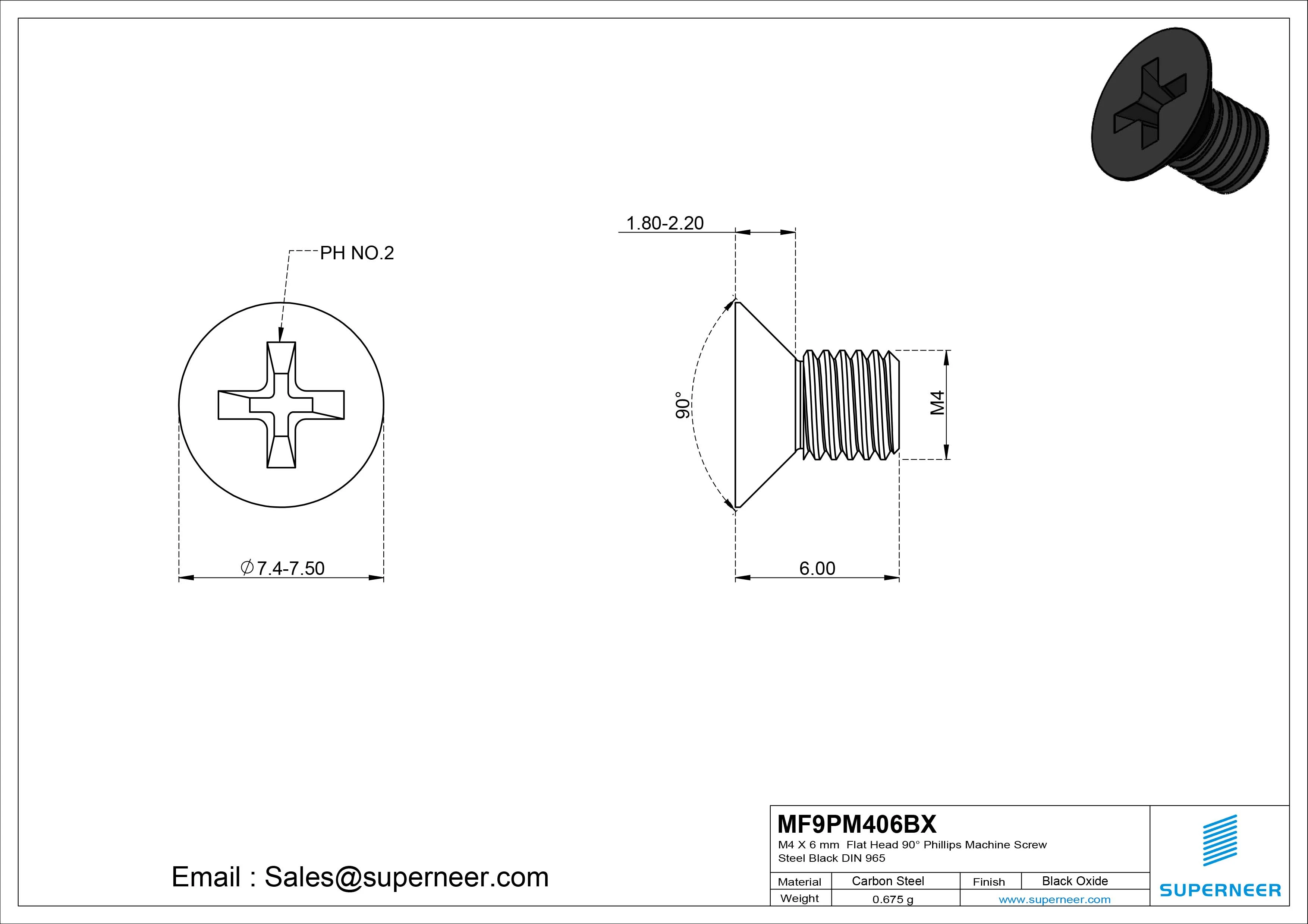 M4 x 6 mm Flat Head 90&deg; Phillips Machine Screw Steel Black Oxide DIN 965