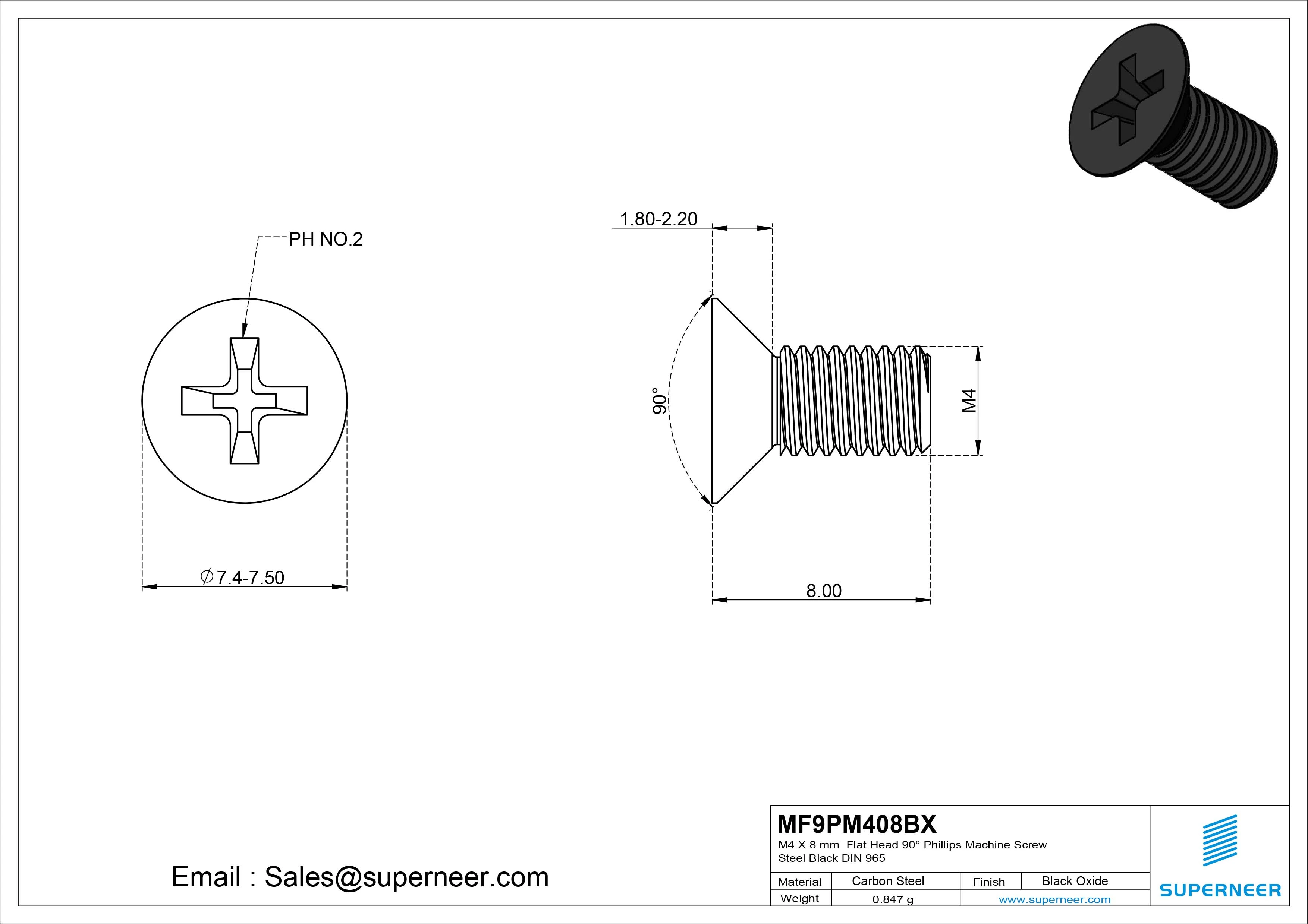 M4 x 8 mm Flat Head 90&deg; Phillips Machine Screw Steel Black Oxide DIN 965