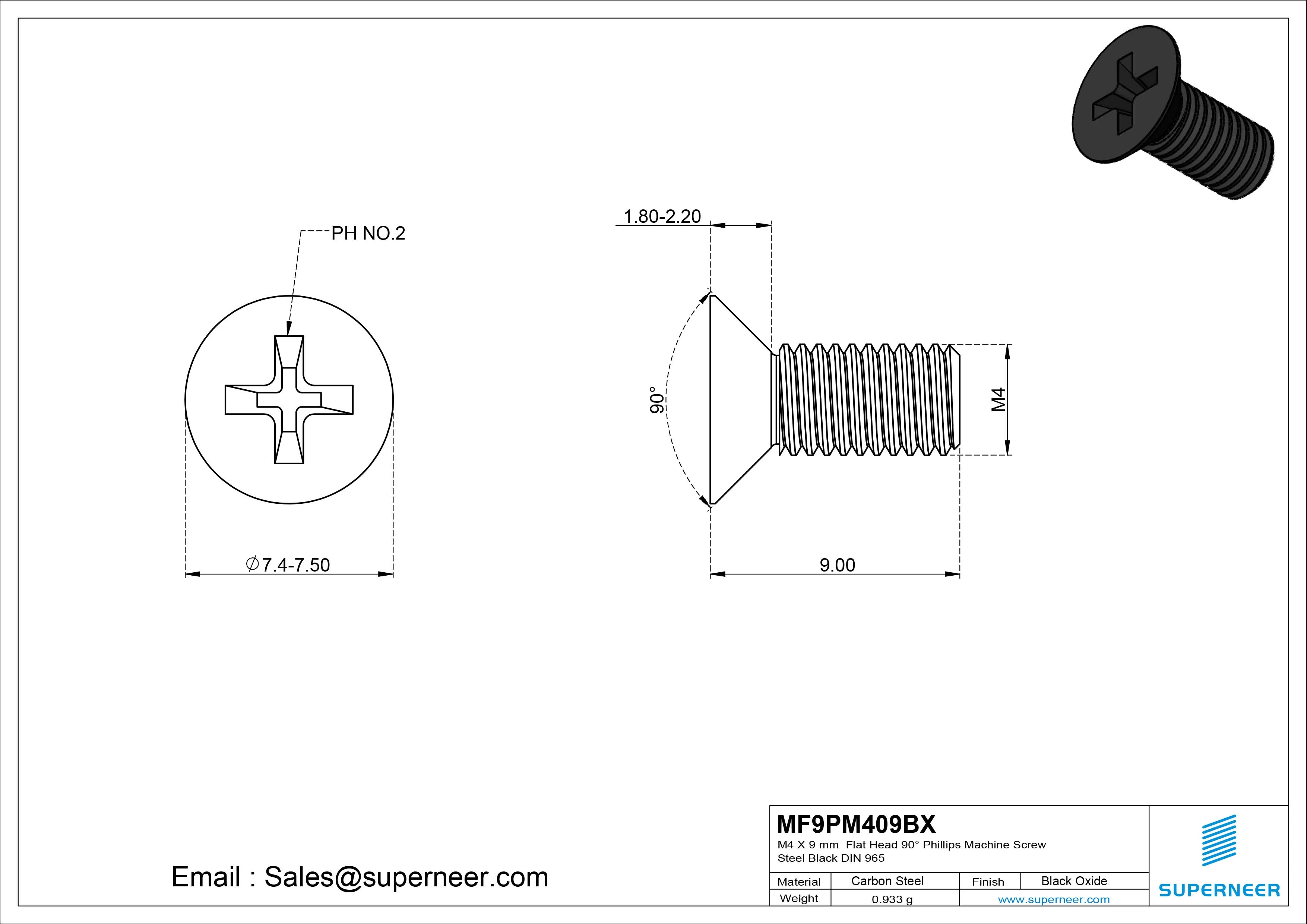 M4 x 9 mm Flat Head 90&deg; Phillips Machine Screw Steel Black Oxide DIN 965