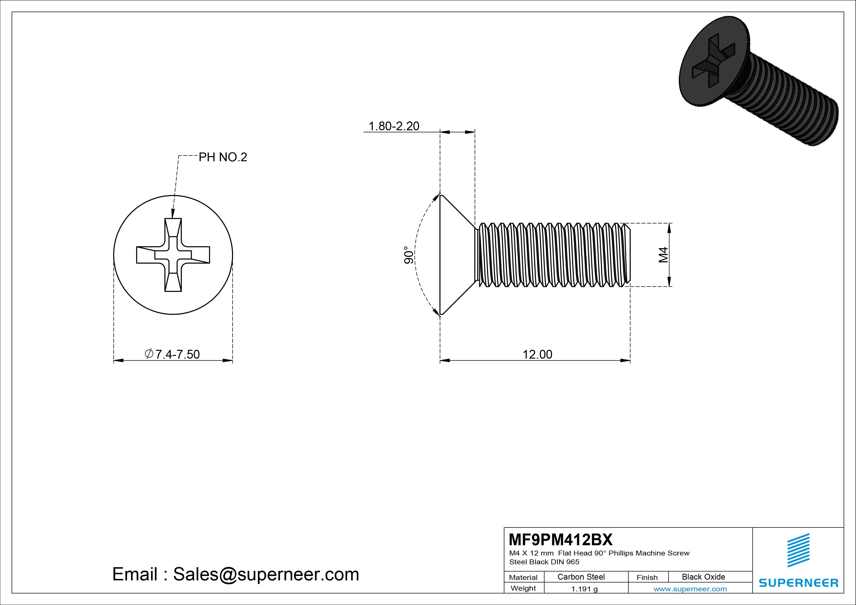 M4 x 12 mm Flat Head 90&deg; Phillips Machine Screw Steel Black Oxide DIN 965
