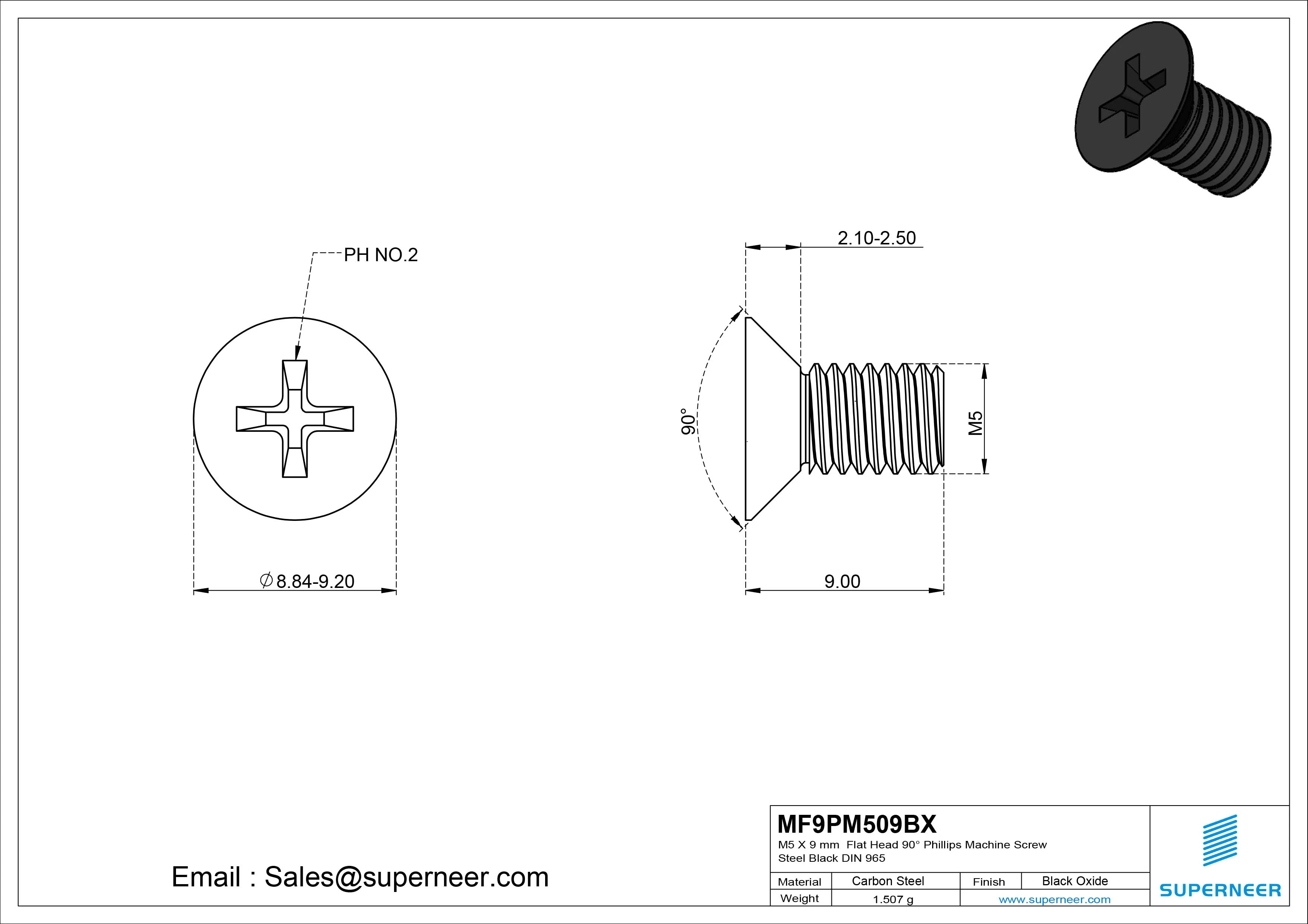 M5 x 9 mm Flat Head 90&deg; Phillips Machine Screw Steel Black Oxide DIN 965