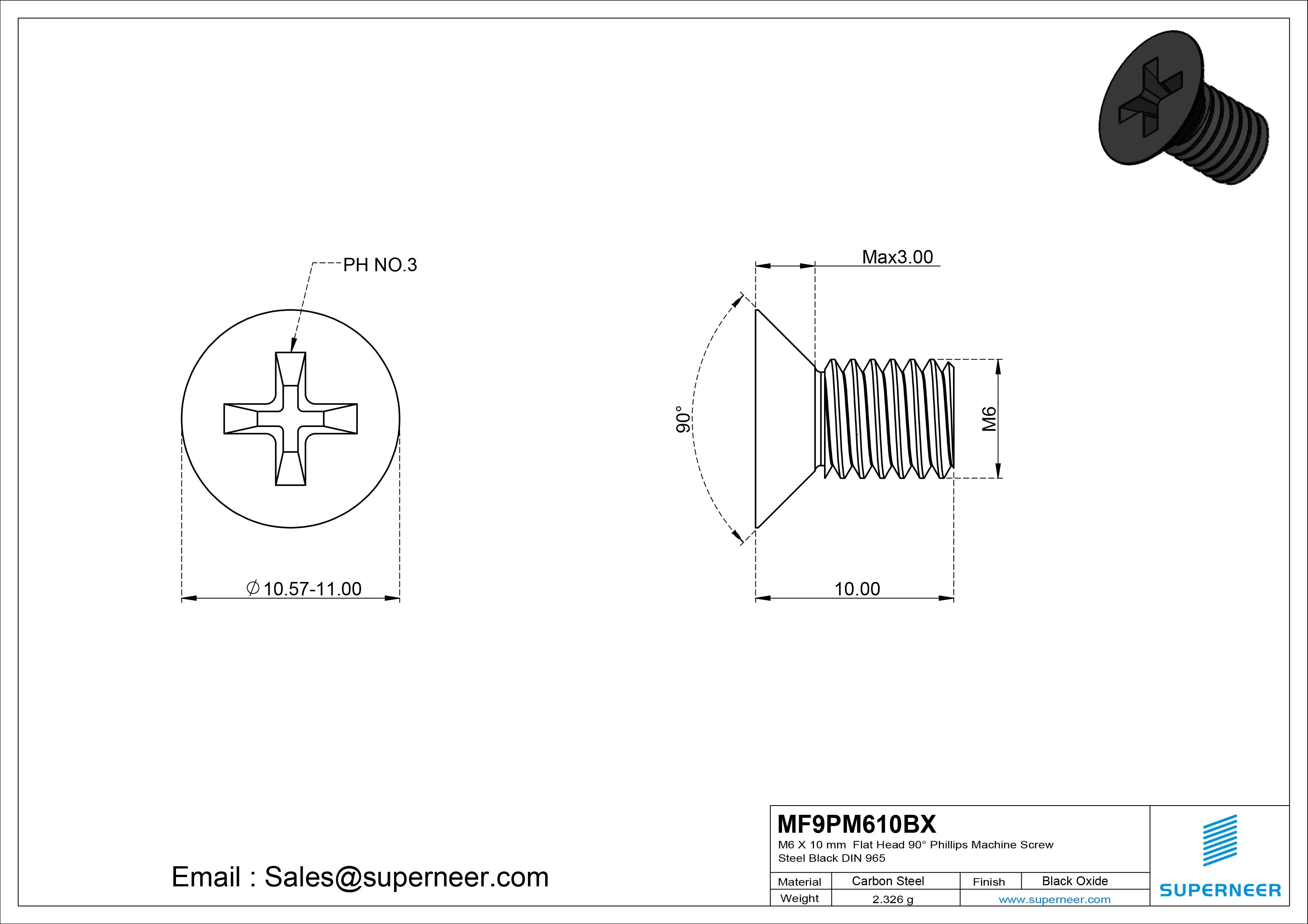 M6 x 10 mm Flat Head 90&deg; Phillips Machine Screw Steel Black Oxide DIN 965