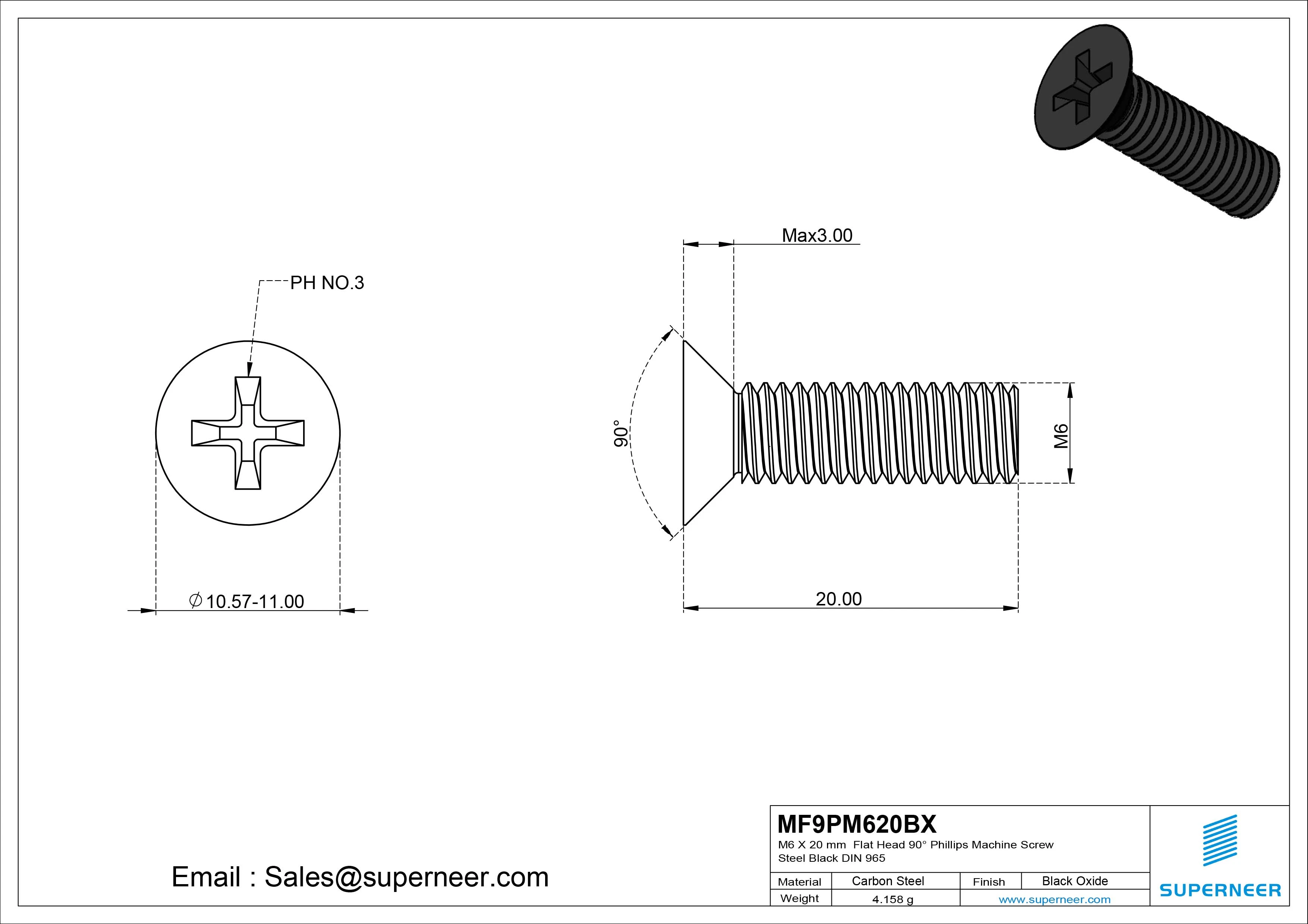 M6 x 20mm Flat Head 90&deg; Phillips Machine Screw Steel Black Oxide DIN 965