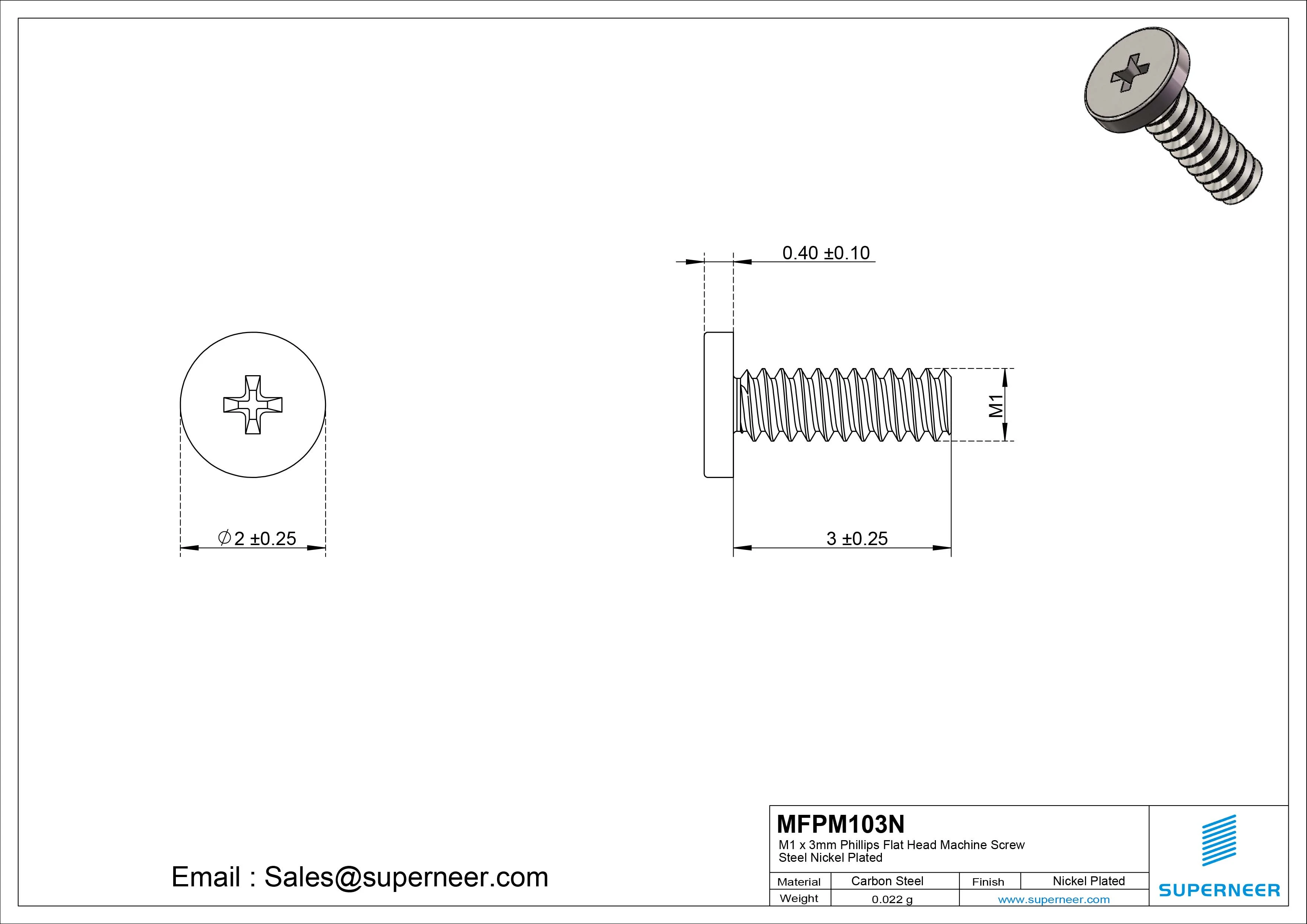 M1 x 3mm Phillips Flat Head Machine Screw Carbon Steel Nickel Plated 