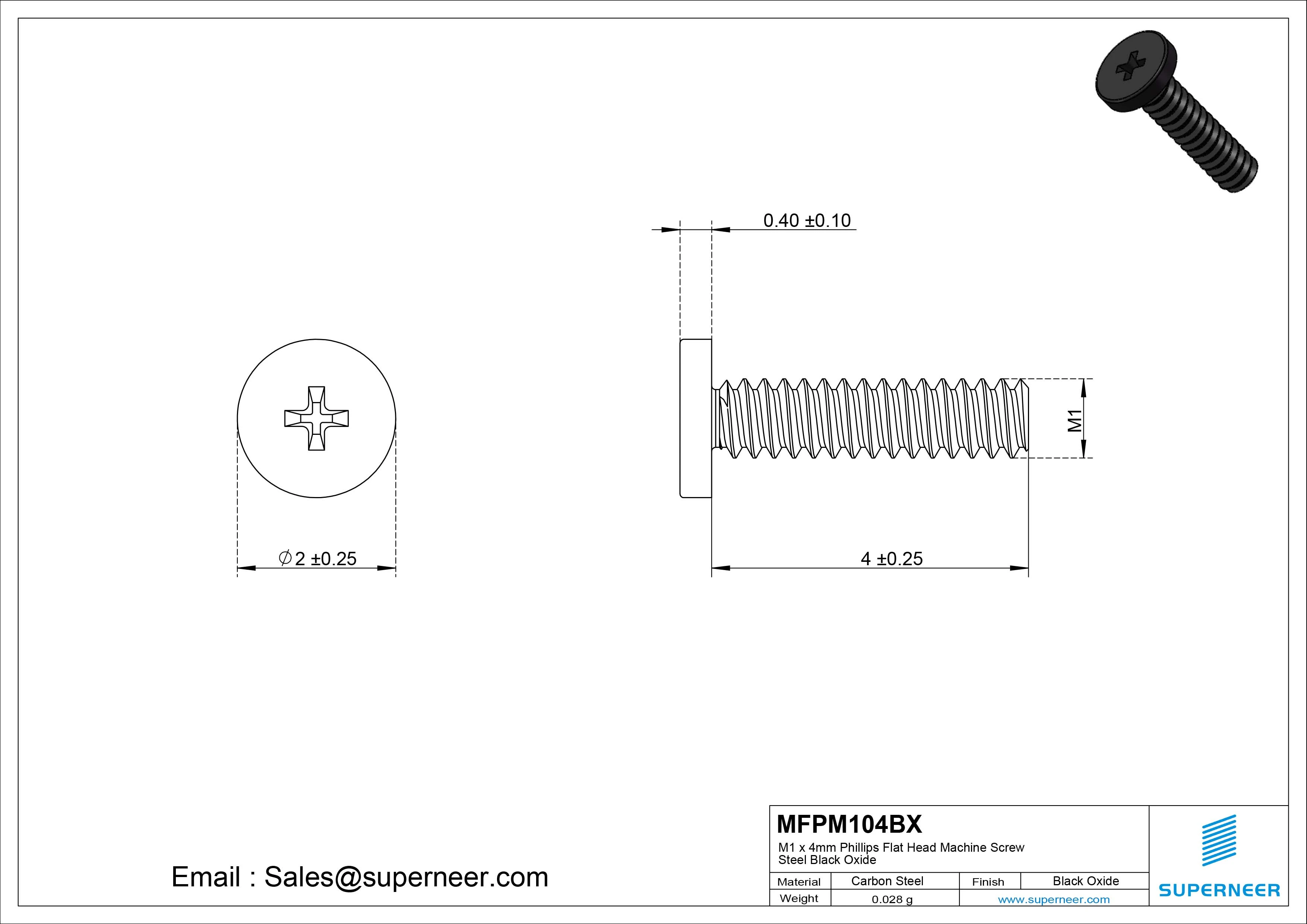 M1 x 4mm Phillips Flat Head Machine Screw Steel Black Oxide