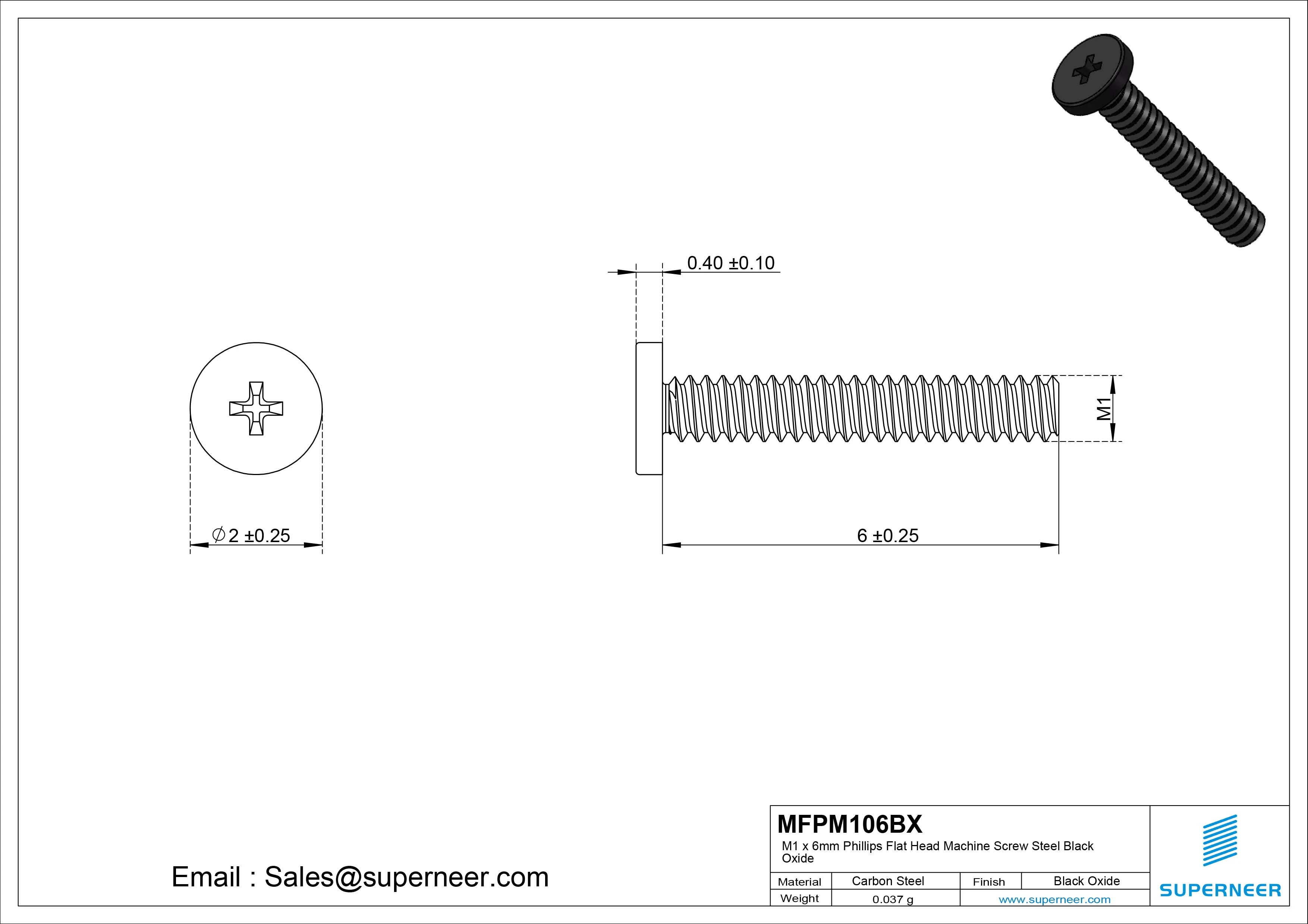 M1 x 6mm Phillips Flat Head Machine Screw Steel Black Oxide