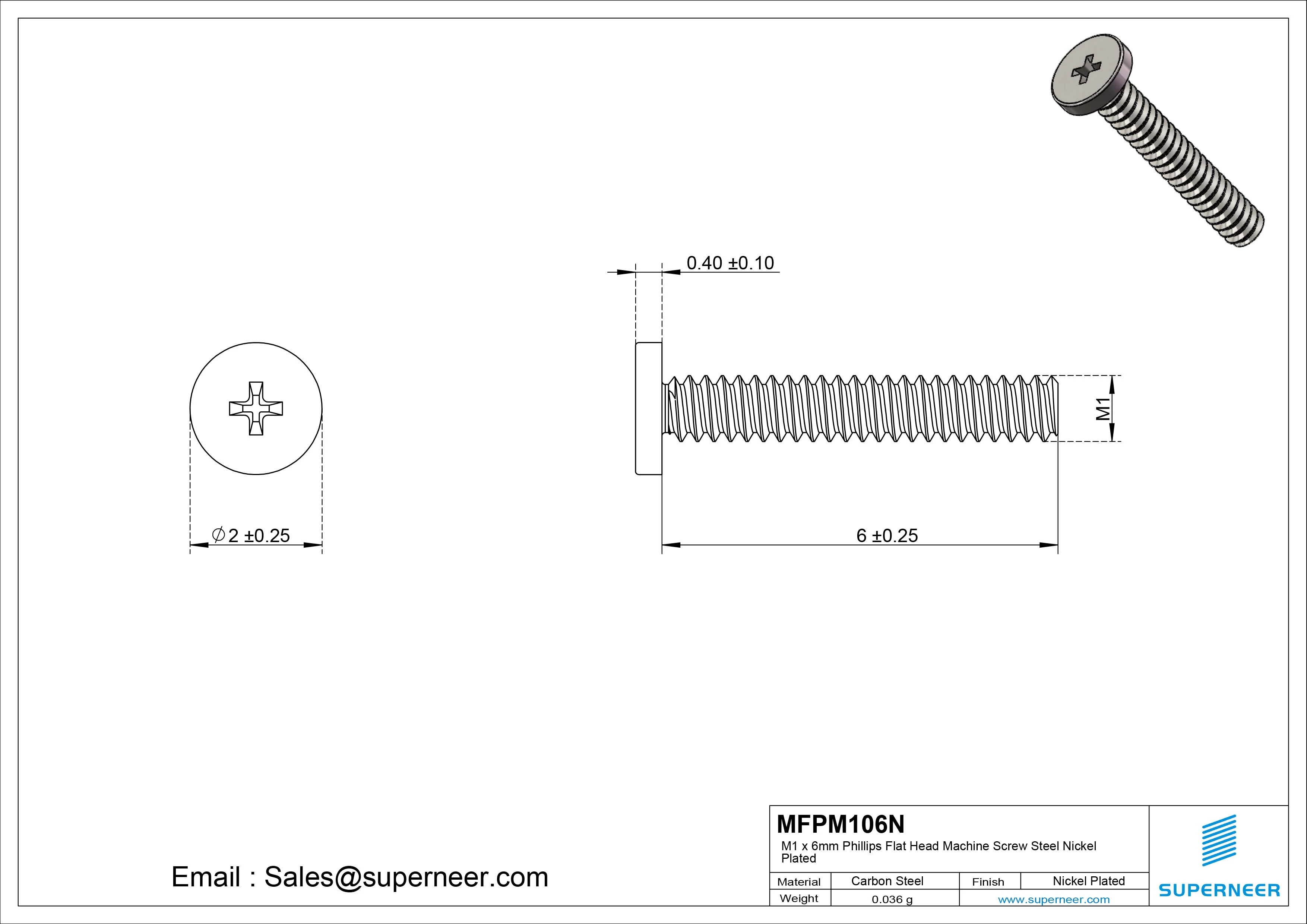 M1 x 6mm Phillips Flat Head Machine Screw Carbon Steel Nickel Plated 