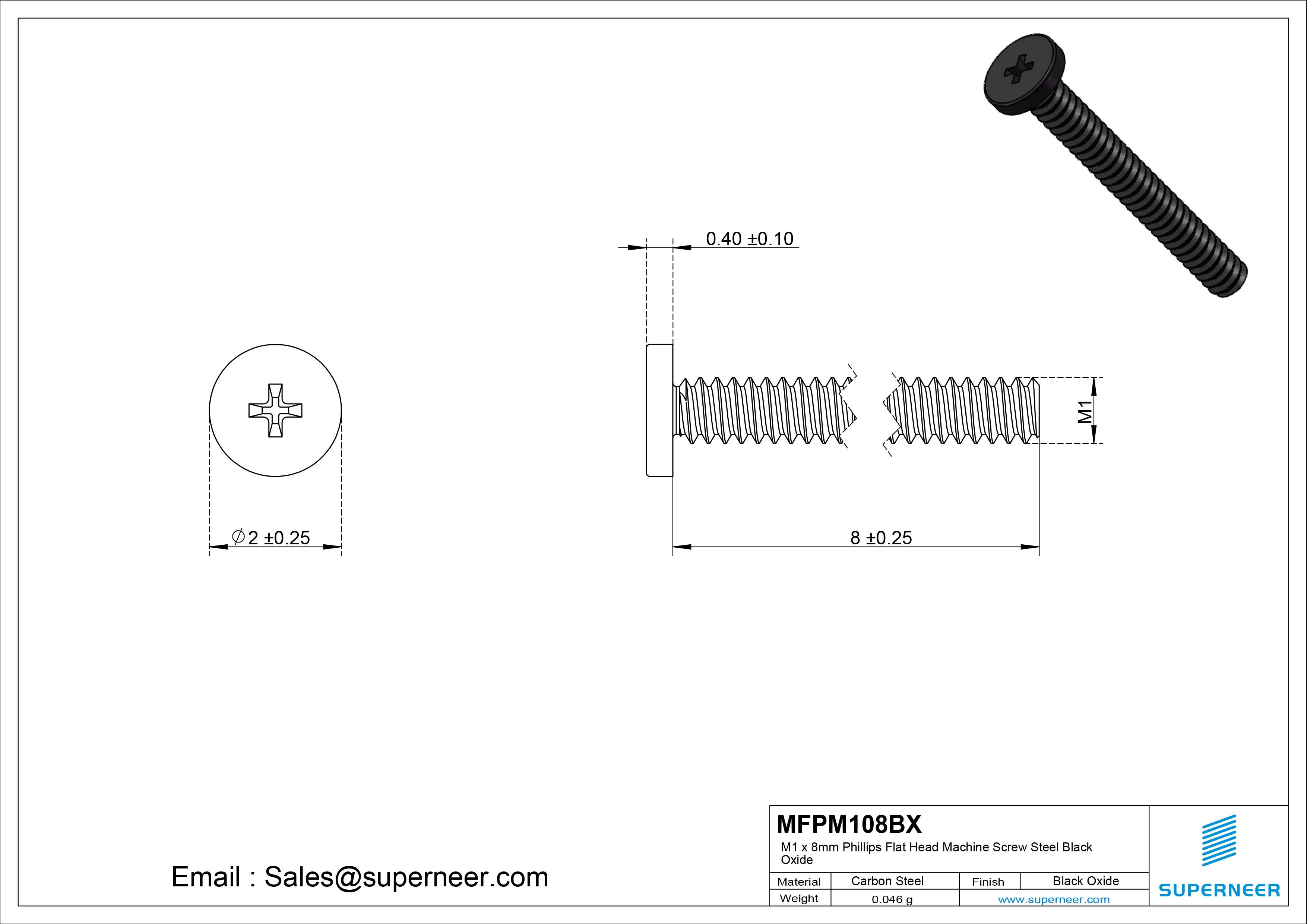 M1 x 8mm Phillips Flat Head Machine Screw Steel Black Oxide