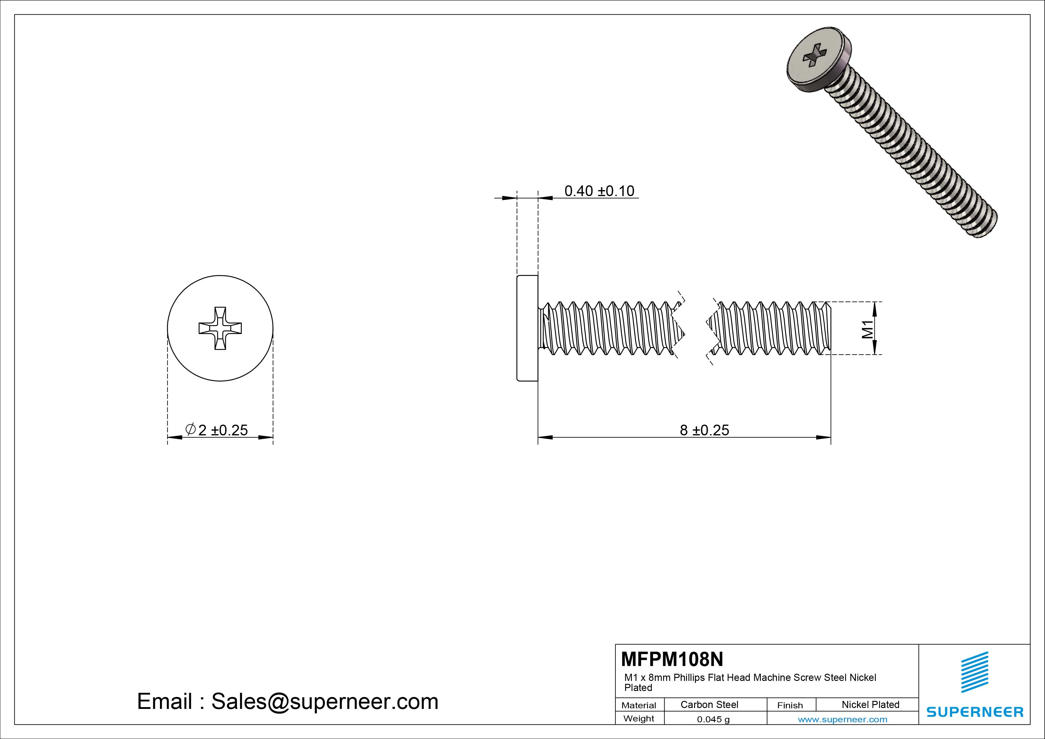 M1 x 8mm Phillips Flat Head Machine Screw Carbon Steel Nickel Plated 