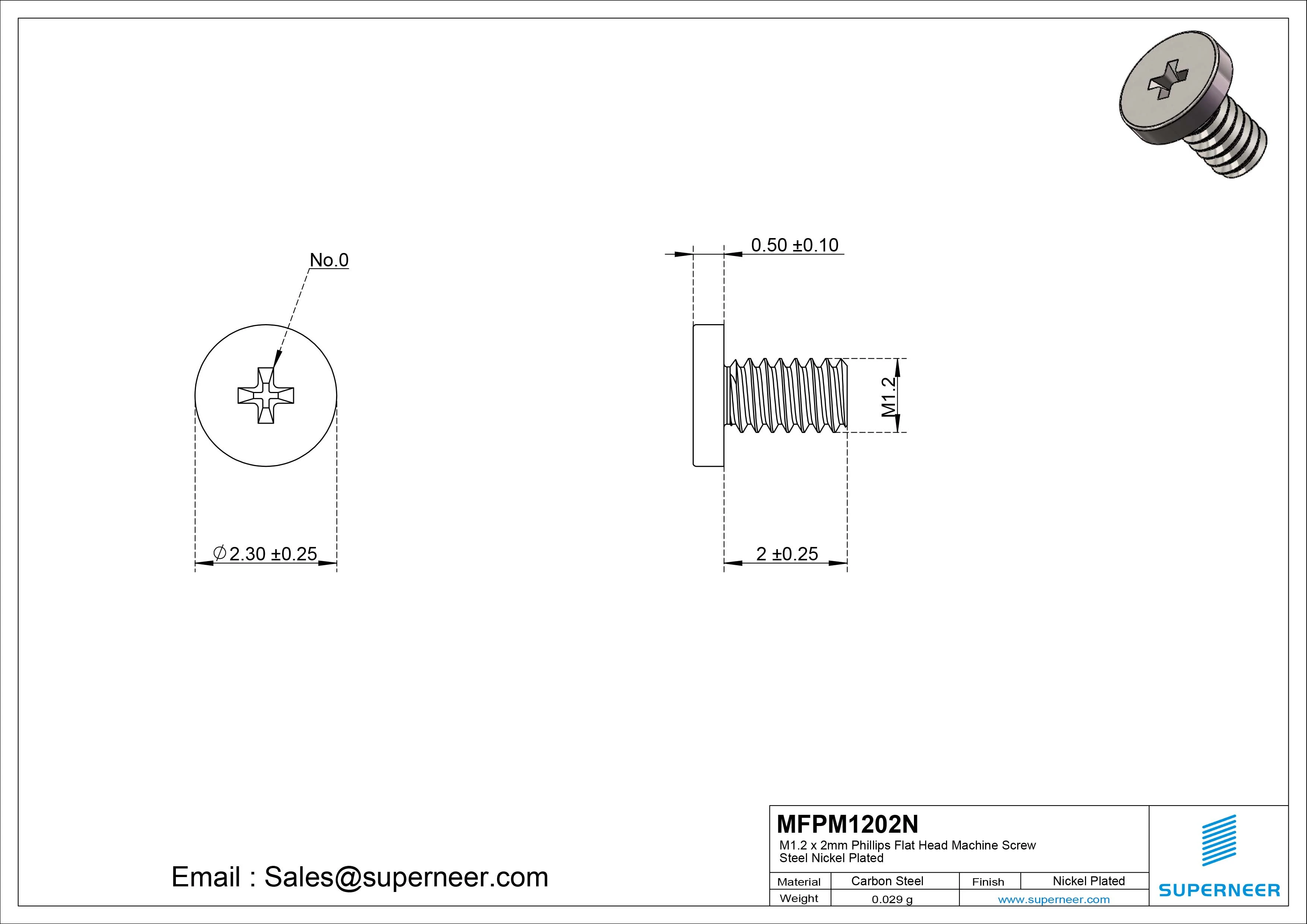 M1.2 x 2mm Phillips Flat Head Machine Screw Carbon Steel Nickel Plated 