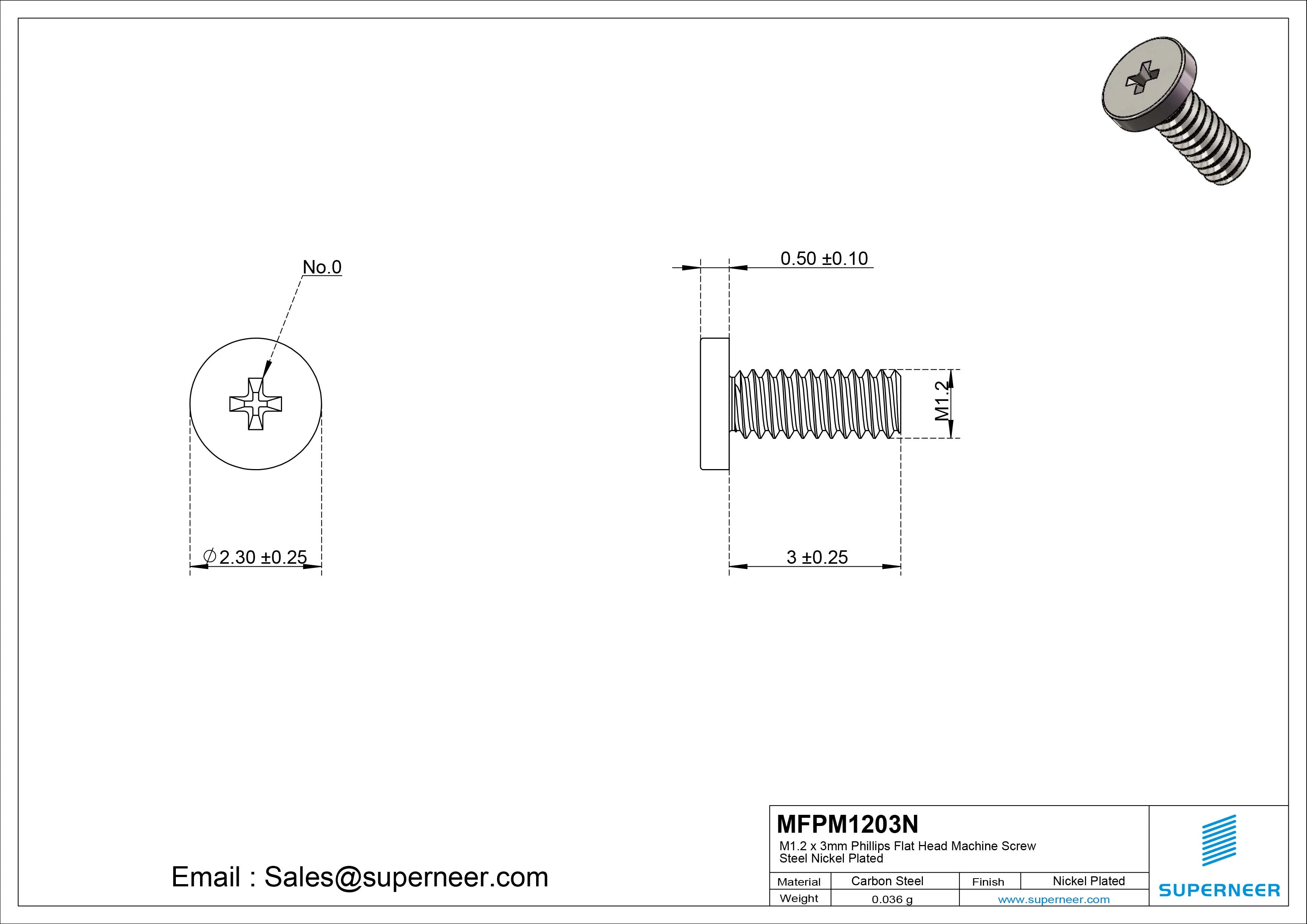 M1.2 x 3mm Phillips Flat Head Machine Screw Carbon Steel Nickel Plated 