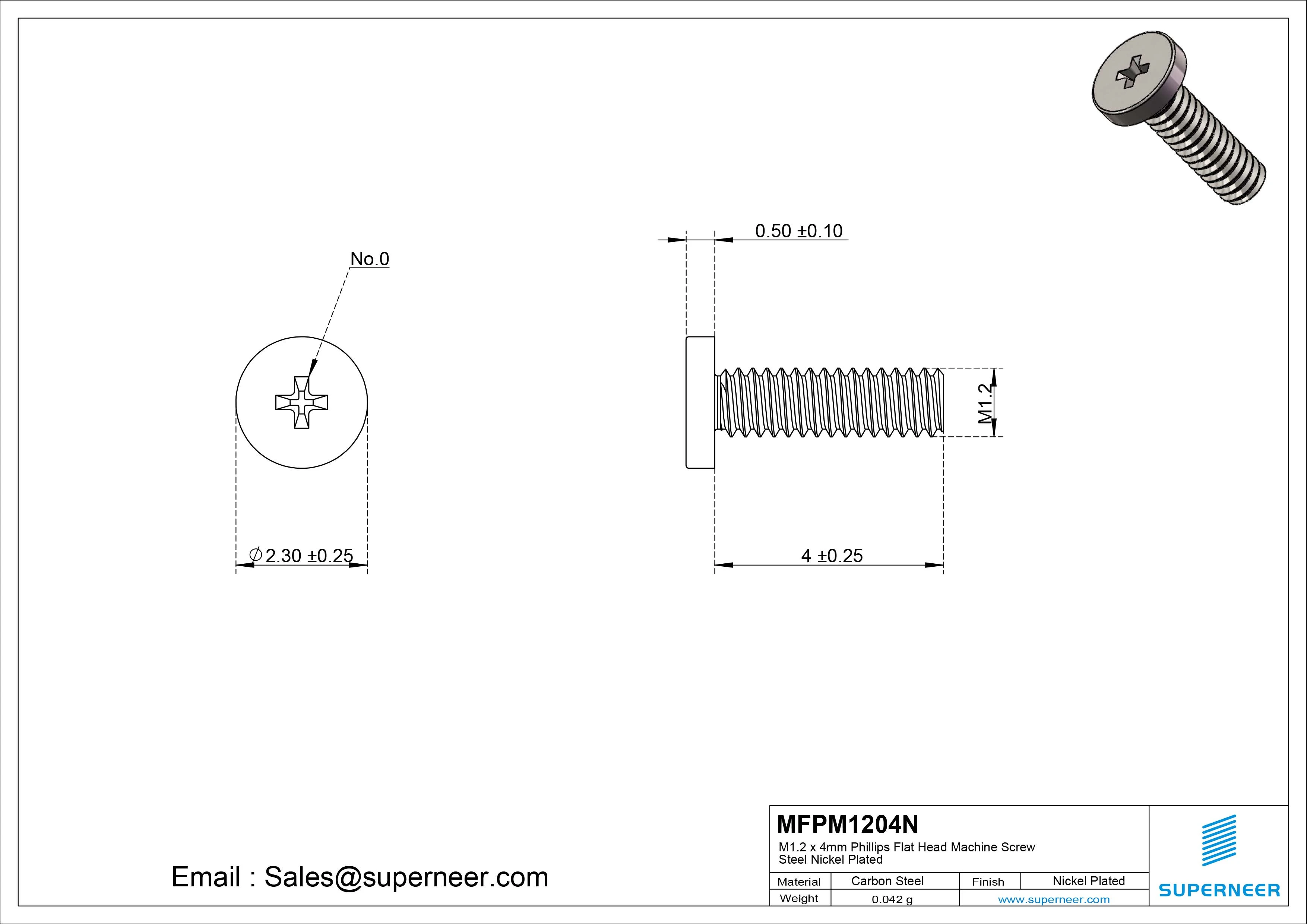 M1.2 x 4mm Phillips Flat Head Machine Screw Carbon Steel Nickel Plated 