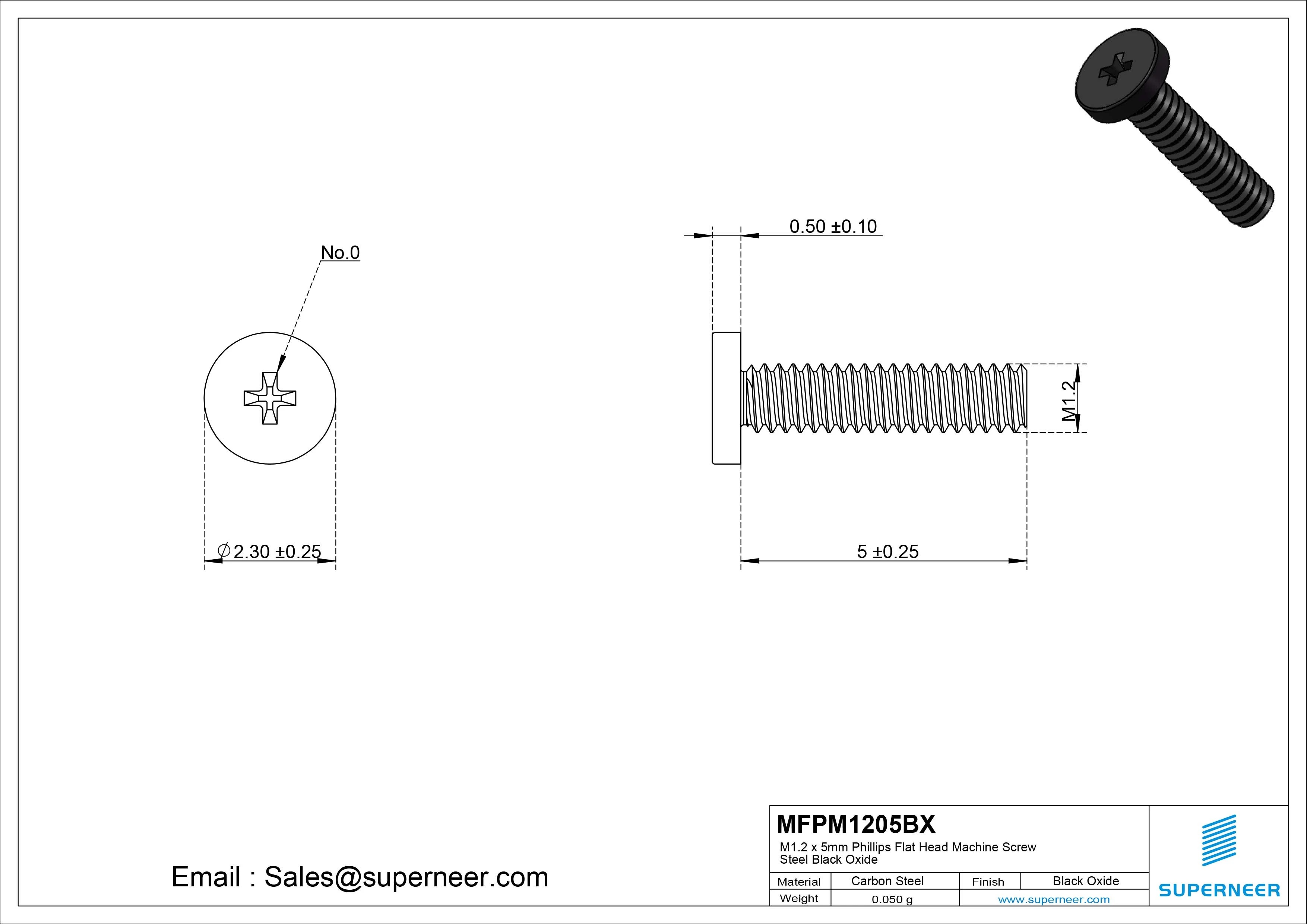 M1.2 x 5mm Phillips Flat Head Machine Screw Steel Black Oxide