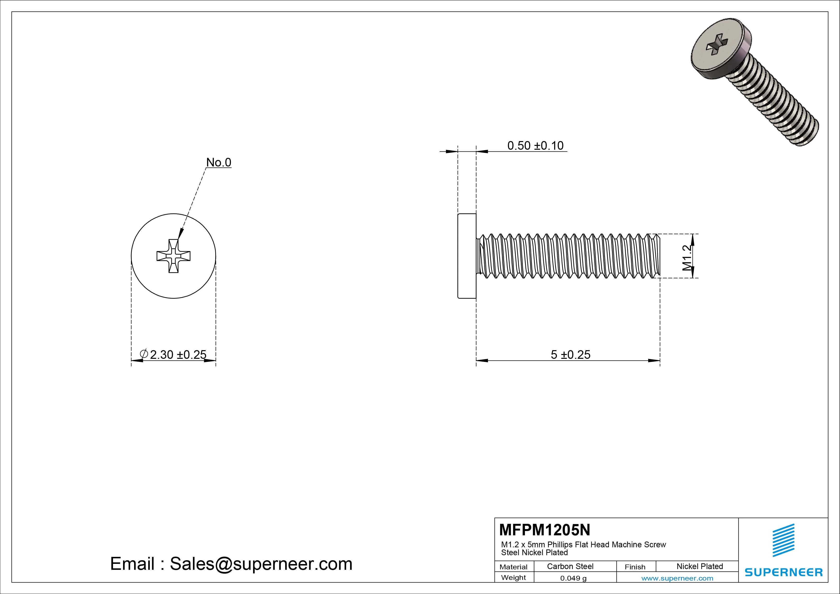 M1.2 x 5mm Phillips Flat Head Machine Screw Carbon Steel Nickel Plated 