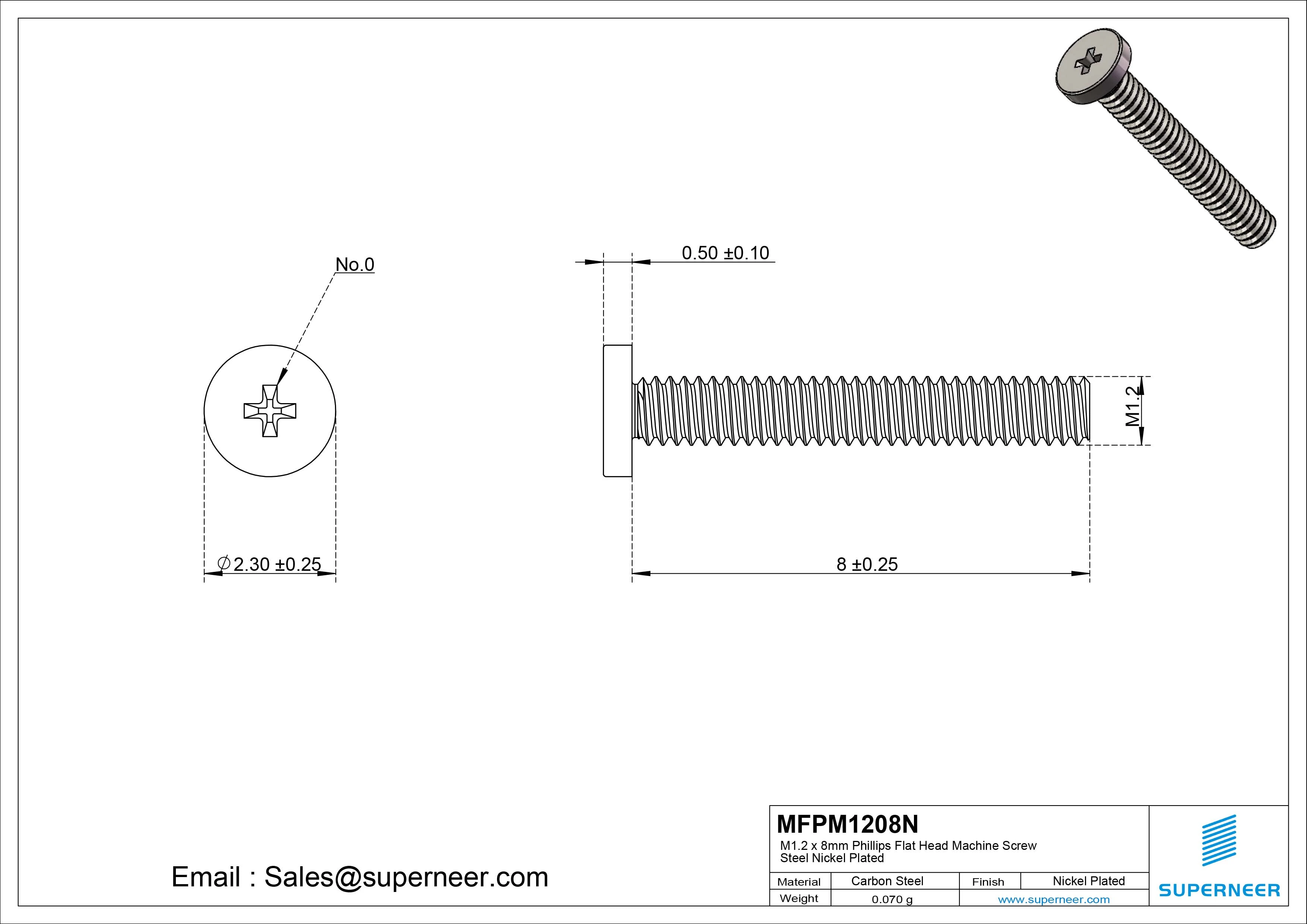 M1.2 x 8mm Phillips Flat Head Machine Screw Carbon Steel Nickel Plated 