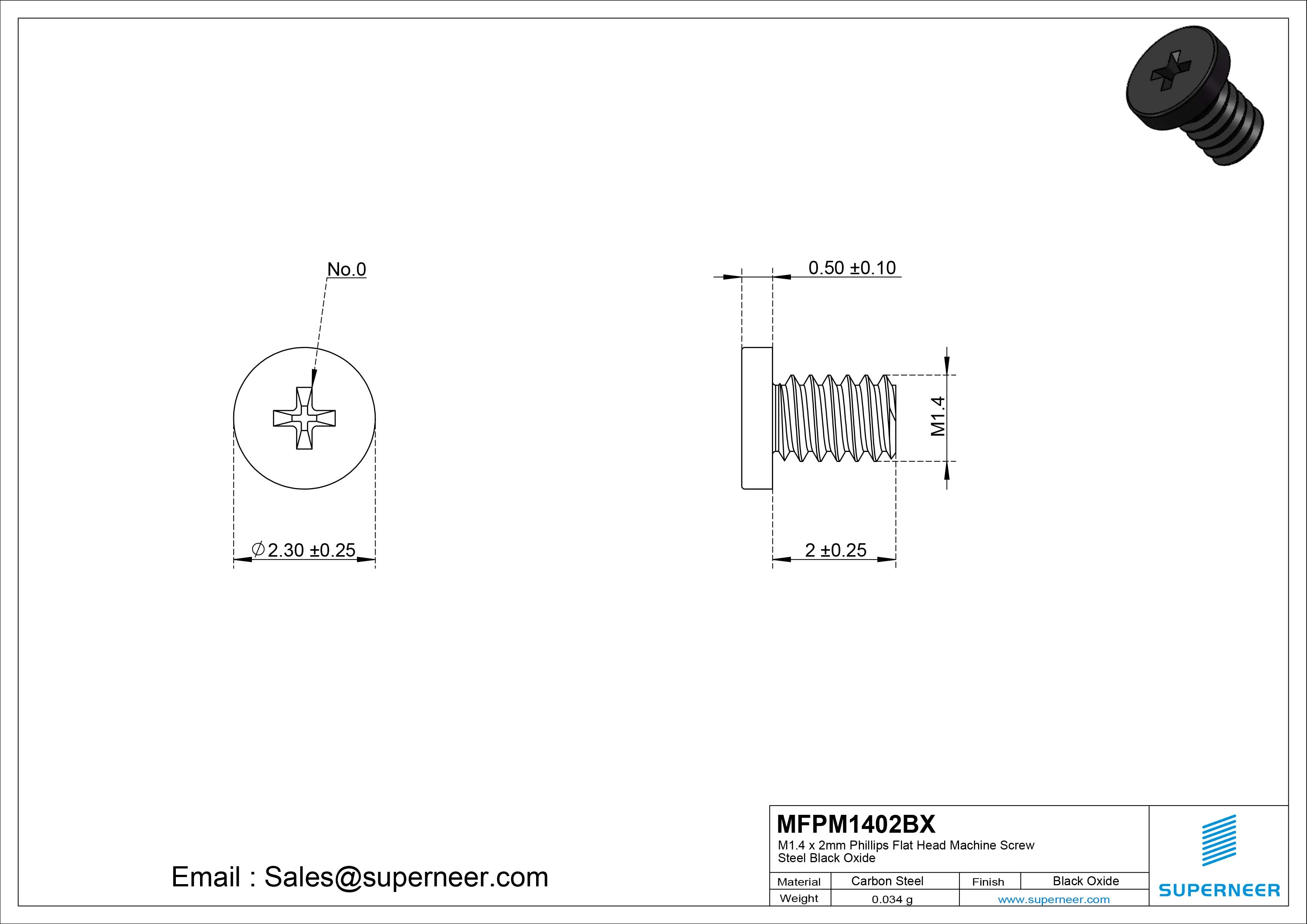 M1.4 x 2mm Phillips Flat Head Machine Screw Steel Black Oxide